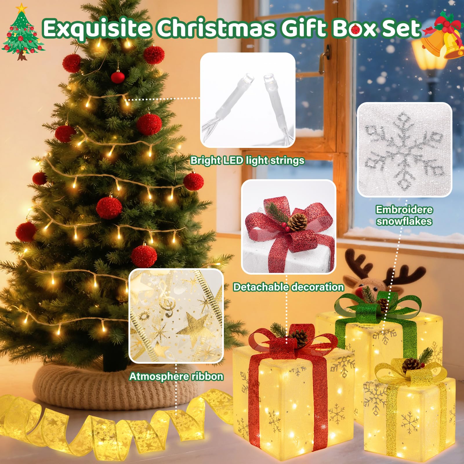 Attmu Set of 3 Christmas Lighted Gift Boxes, 102 LED Light Up Battery Operated Gift Present Boxes, 16ft Christmas Tree Ribbon &