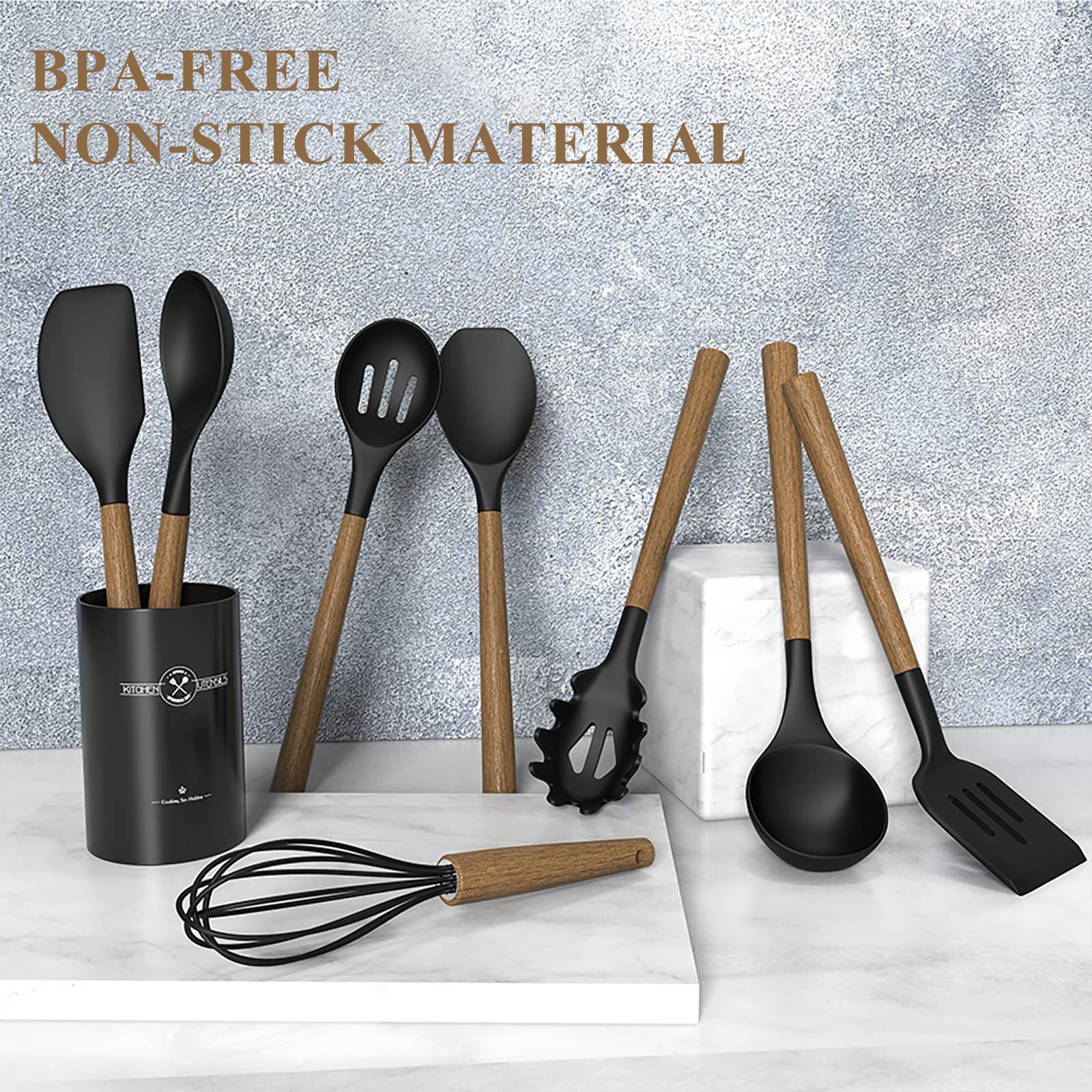 Silicone Kitchen Cooking Utensil Set, 9Pcs Kitchen Utensils Spatula Set With Wooden Handle For Nonstick Cookware, 446F Heat Resi