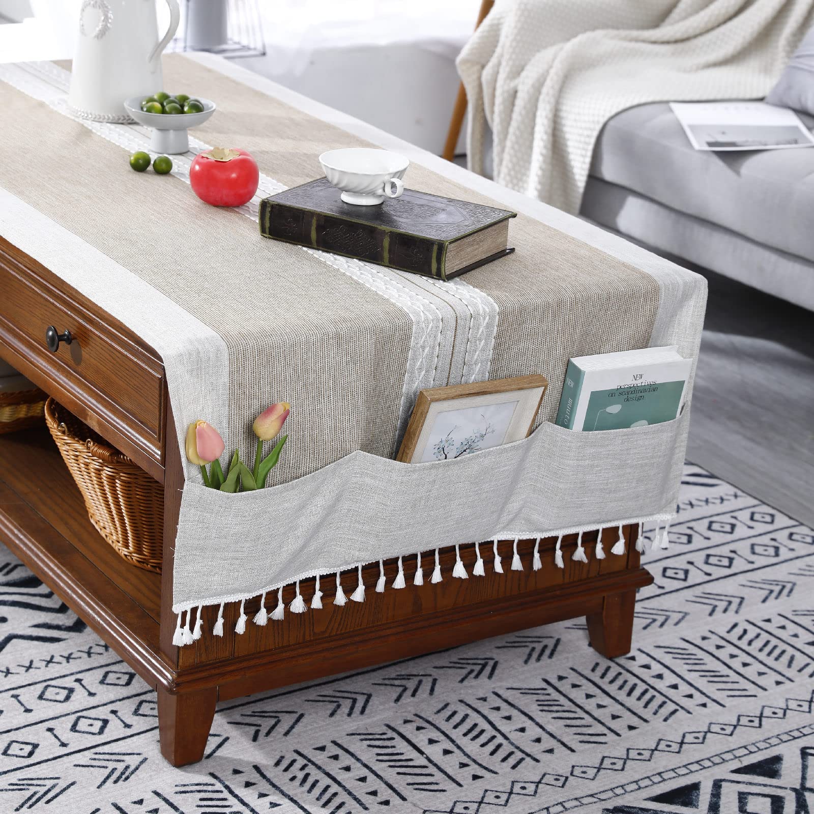 Zmnszbd Linen Tassel Coffee Living Room Rectangular Tablecloth Cover With Pockets