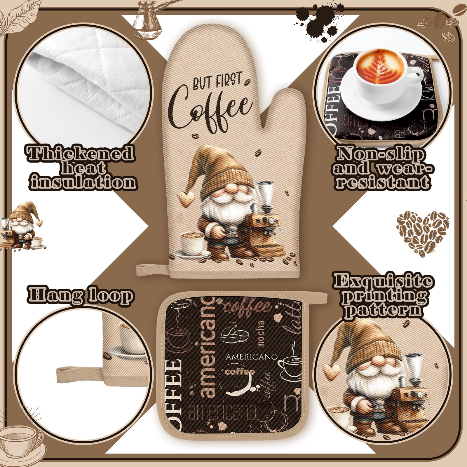 Fourluoo 10 Pcs Coffee Kitchen Decor and Accessories Oven Mitts and Pot Holders Set Coffee Dish Towels Rugs Farmhouse Kitchen De