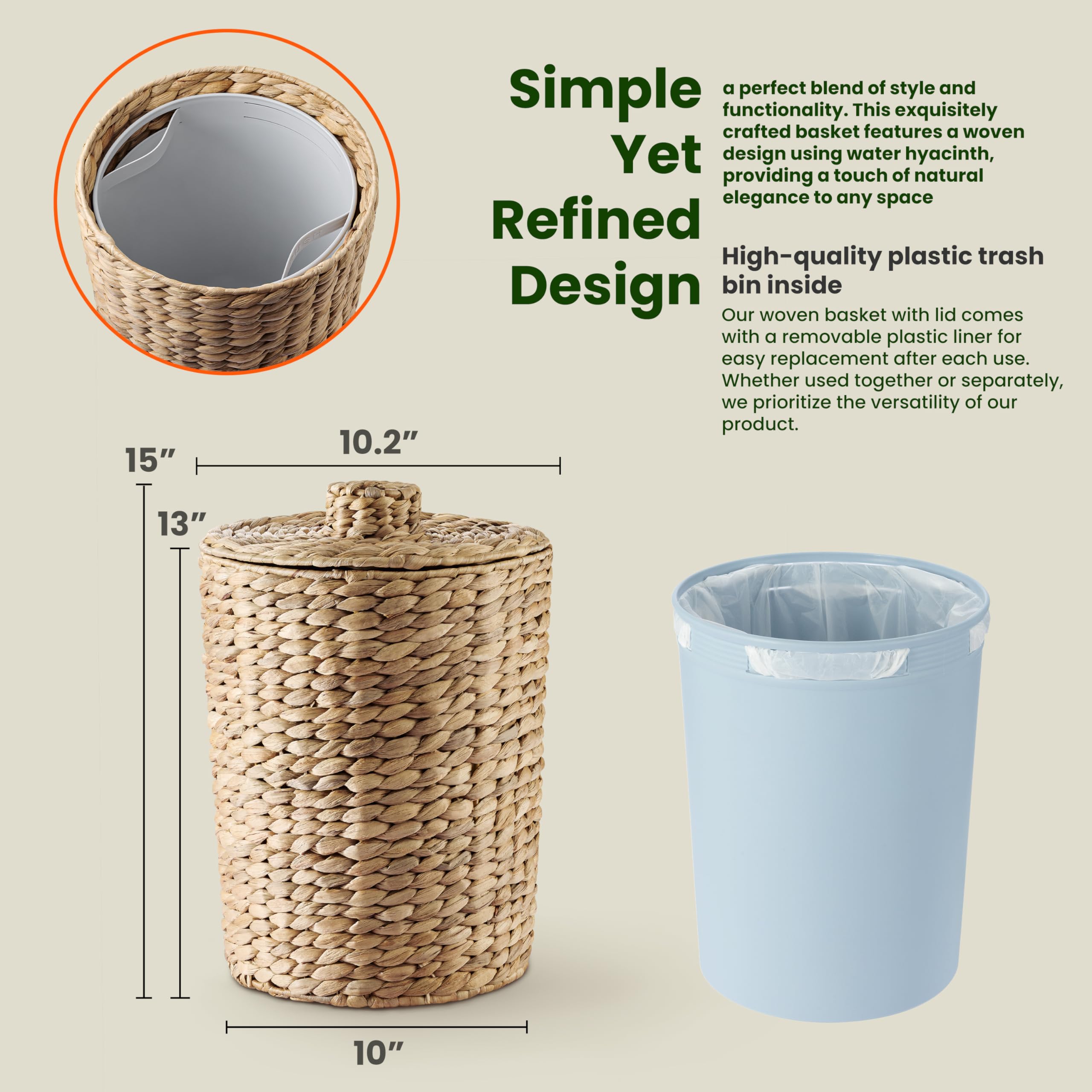 Tidita 3 Gallons Wicker Woven Waste Basket With Lid - Water Hyacinth Trash Can For Office Garbage - Handwoven Wastebaskets For B