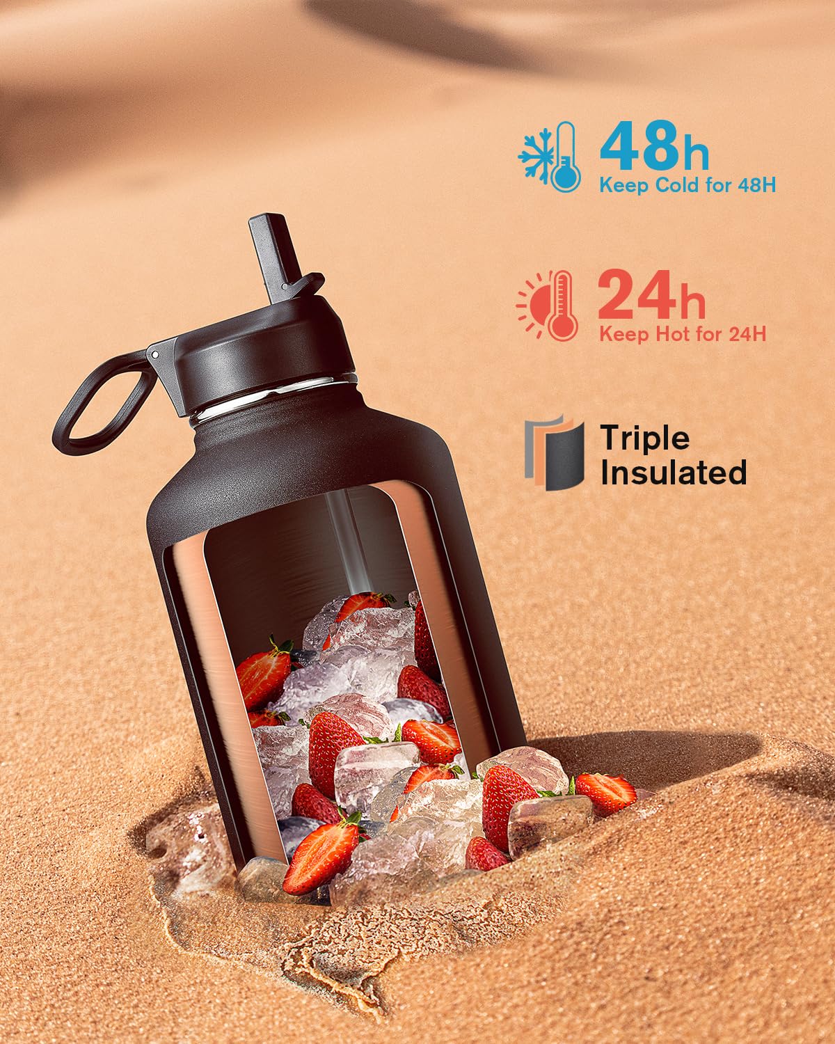 64 Oz Water Bottle Insulated With Straw & 3 Lids, Coolflask Large Metal Stainless Steel Water Jug Big Half Gallon Wide Mouth For