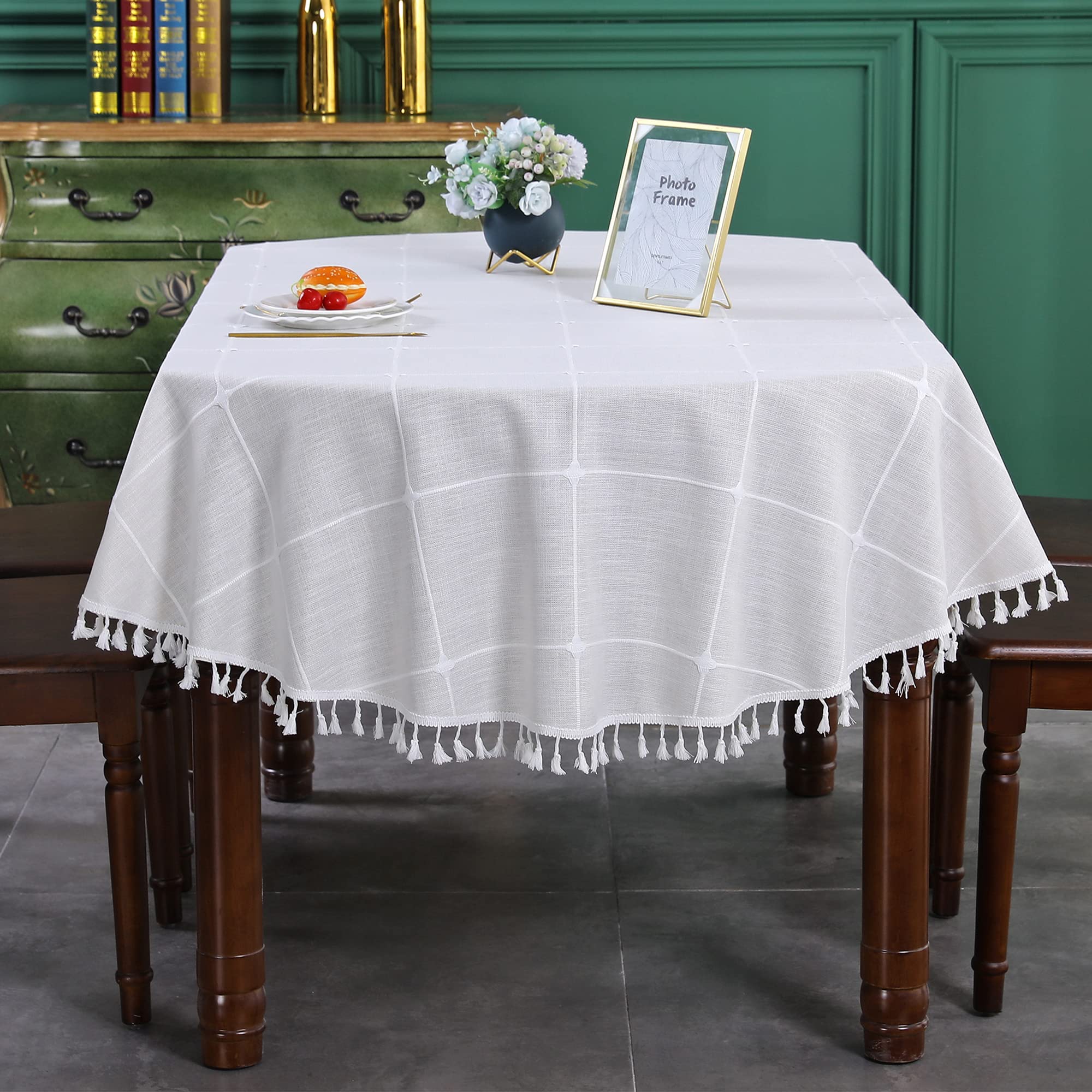 Farmhouse Checkered Embroidery Lattice Oval Tablecloth with Tassel Heavy Duty Rustic Fabric Table Cover Wrinkle Resistant Washable Kitchen Dining Party Wedding Decoration 60 x 102 Inch