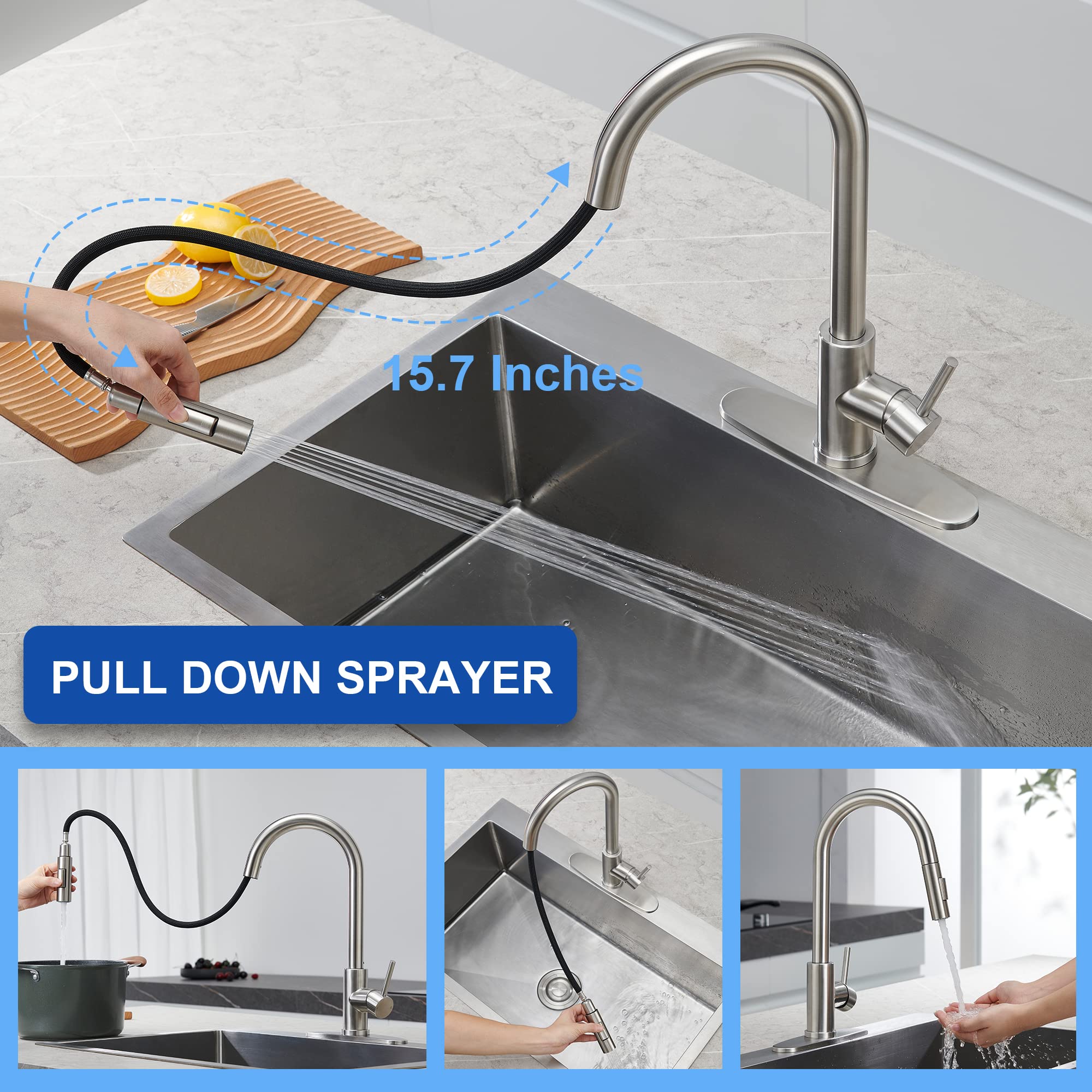 Tohlar Kitchen Sink Faucets With Pull-Down Sprayer, Modern Stainless Steel Single Handle Pull Down Sprayer Faucet With Deck Plat