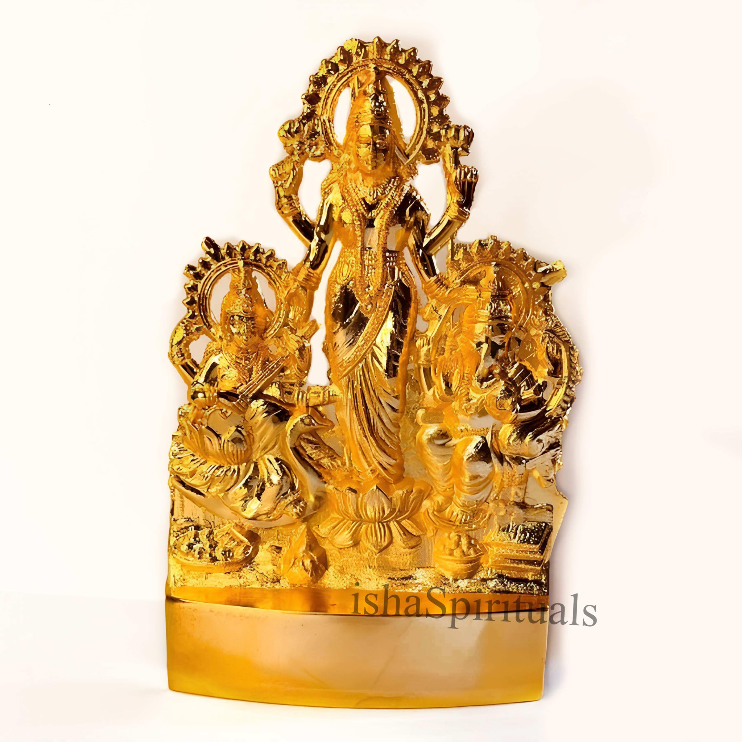 Ishaspirituals Laxmi Ganesh Saraswati Murti Brass Lakshmi Ganapathi Saraswathi Idols 24Ct Gold Plated Laxmi Ganesh Saraswati Mur