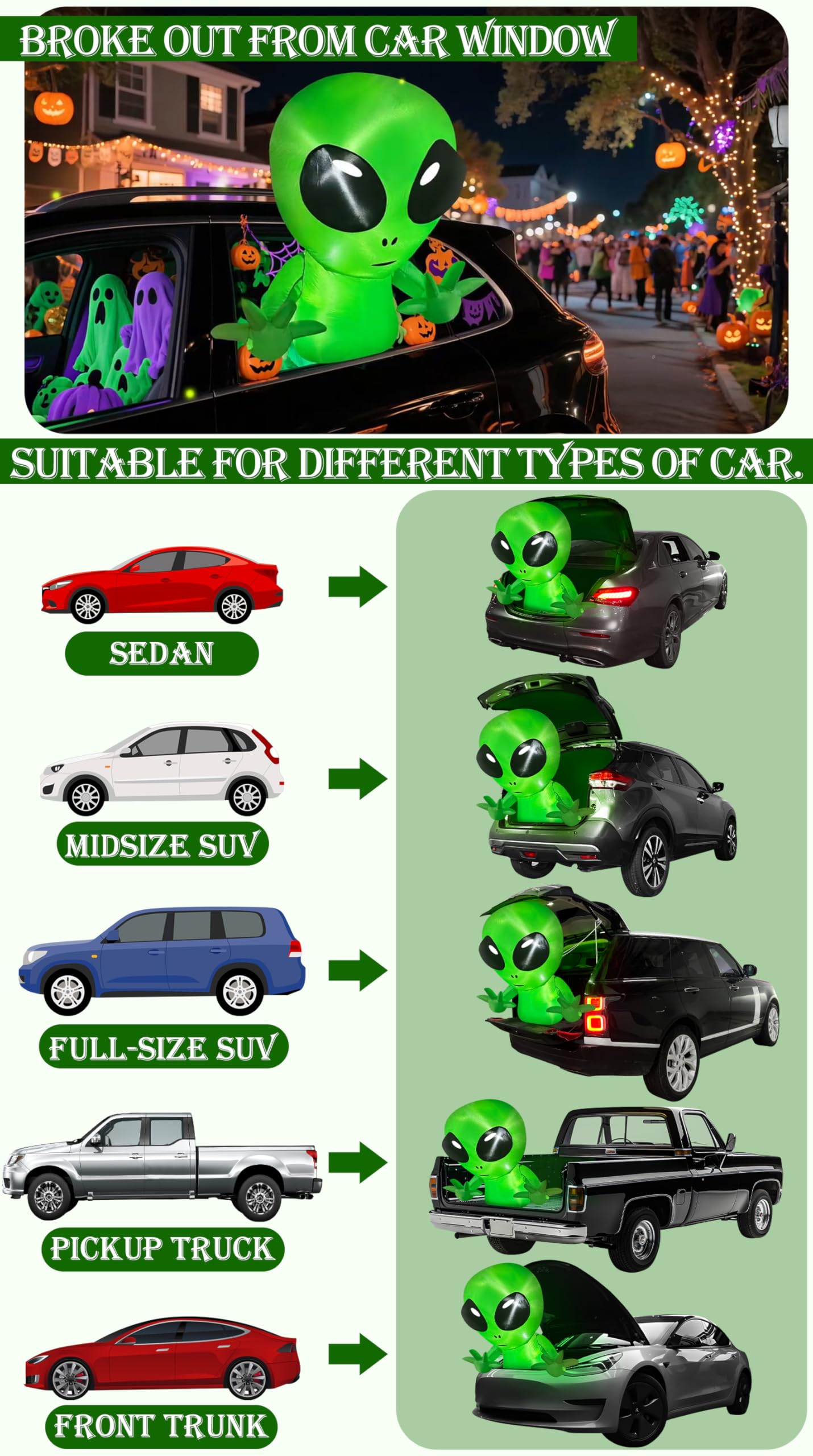 3.5 Ft Halloween Inflatable Alien Trunk Or Treat Car Decoration with Built-in LEDs, Halloween Blow Up Alien Broke Out from Car D