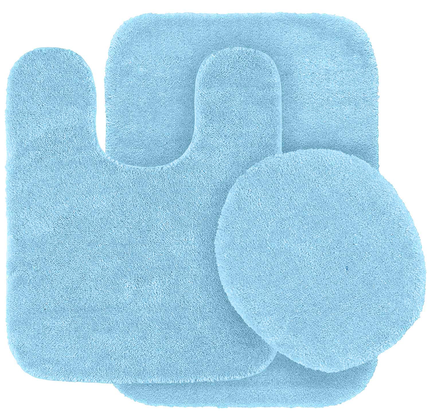 3pc Solid Non Slip Soft Bath Rug Set for Bathroom U-Shaped Contour Rug, Mat and Toilet Lid Cover New# Angela (Light Blue)