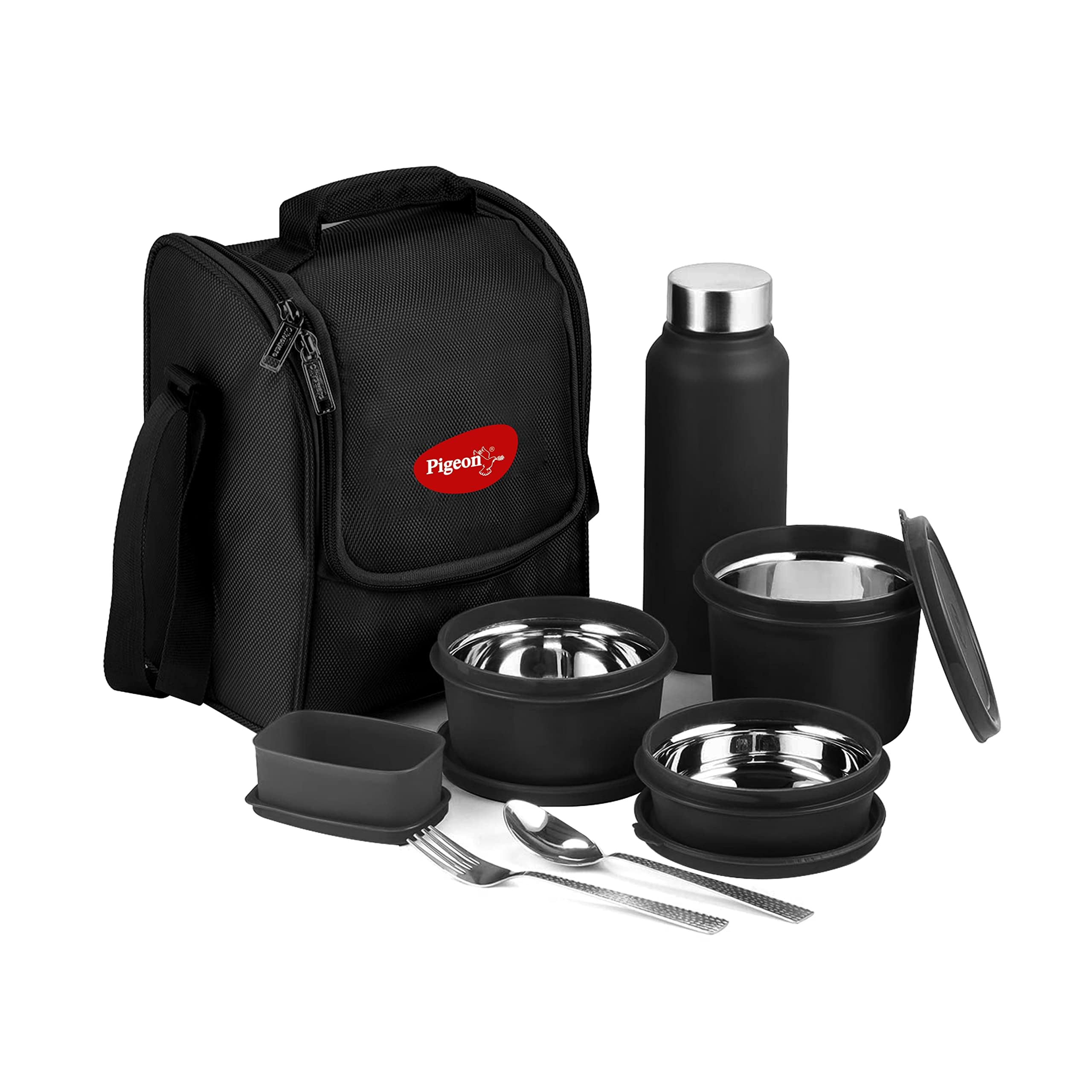 Pigeon By Stovekraft Heat And Treat Lunch Box Pack Of 4 Microwave Safe, Leak Proof| 600Ml,400Ml,250Ml,100Ml | 750Ml Black Bottle