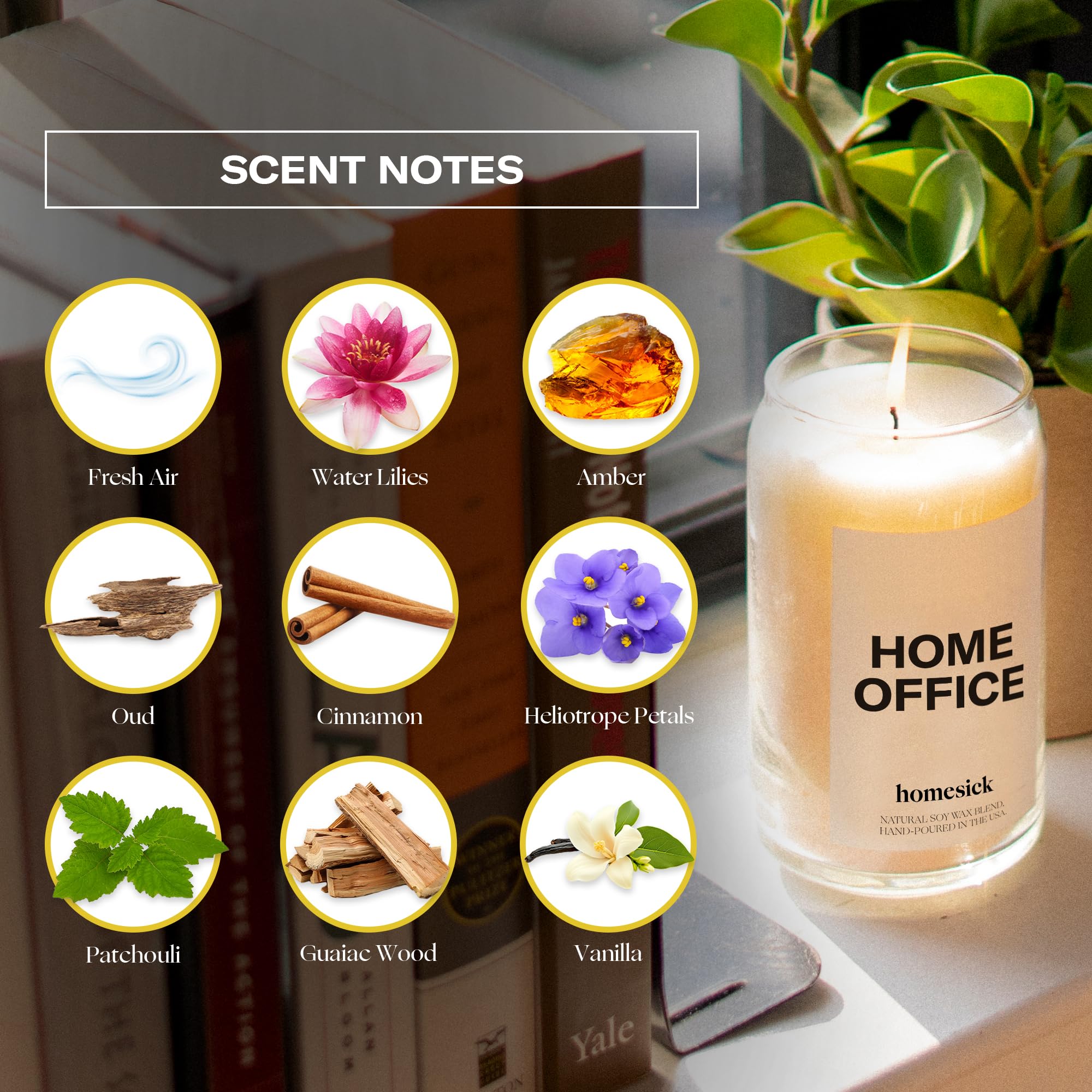 Homesick Premium Scented Candle, Home Office - Scents of Fresh Air, Water Lilies, Amber, 13.75 oz, 60-80 Hour Burn, Natural Soy