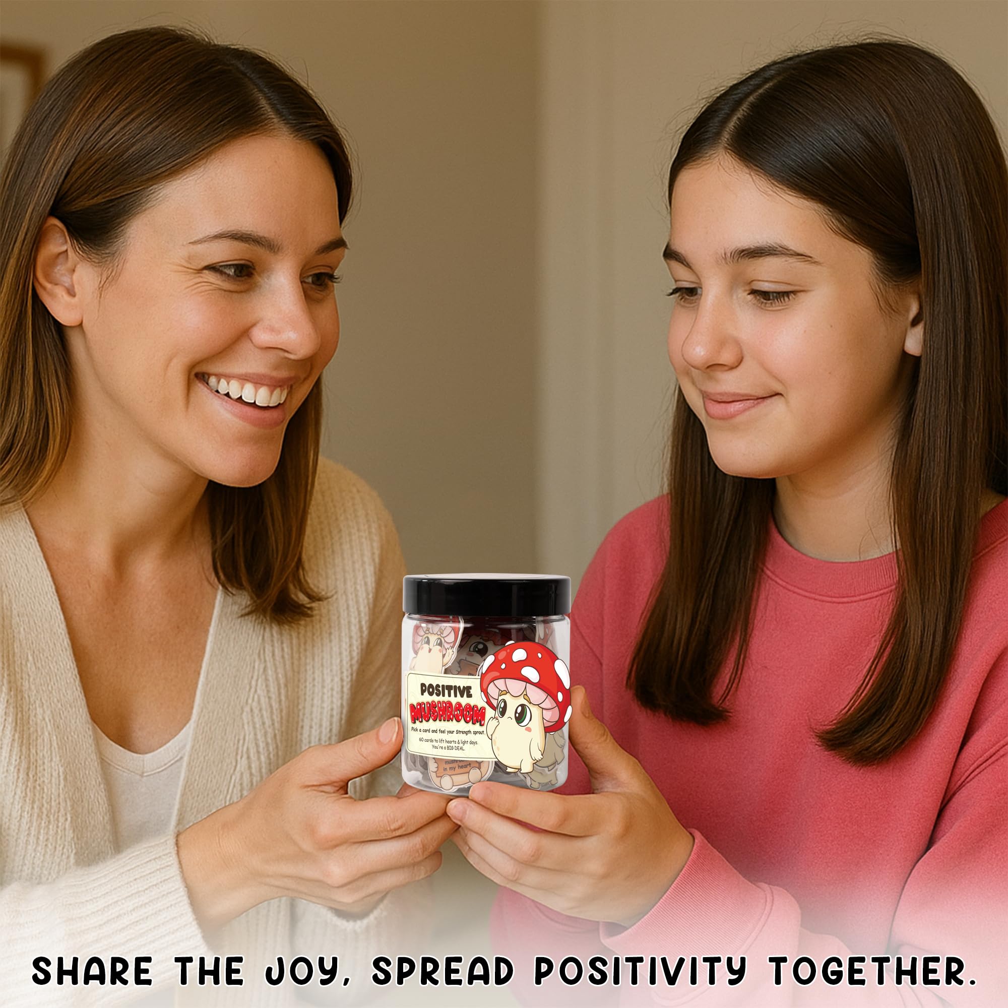 Mushroom Gifts for Women - 60 Positive Mushroom Jar, Daily Affirmation Cards For Womens, Girls - Emotional Support Mushroom - Bi