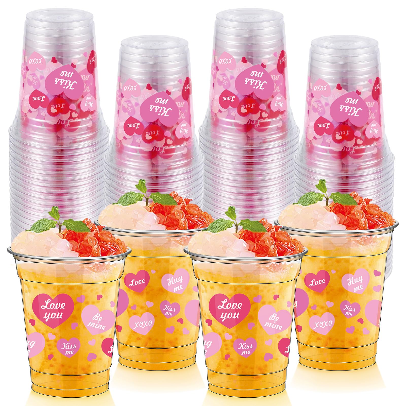 Foldtier 50 Pcs Valentine'S Day Heart Plastic Cups Bulk 12 Oz Valentines Conversation Clear Disposable Cup Love Heart For Juice