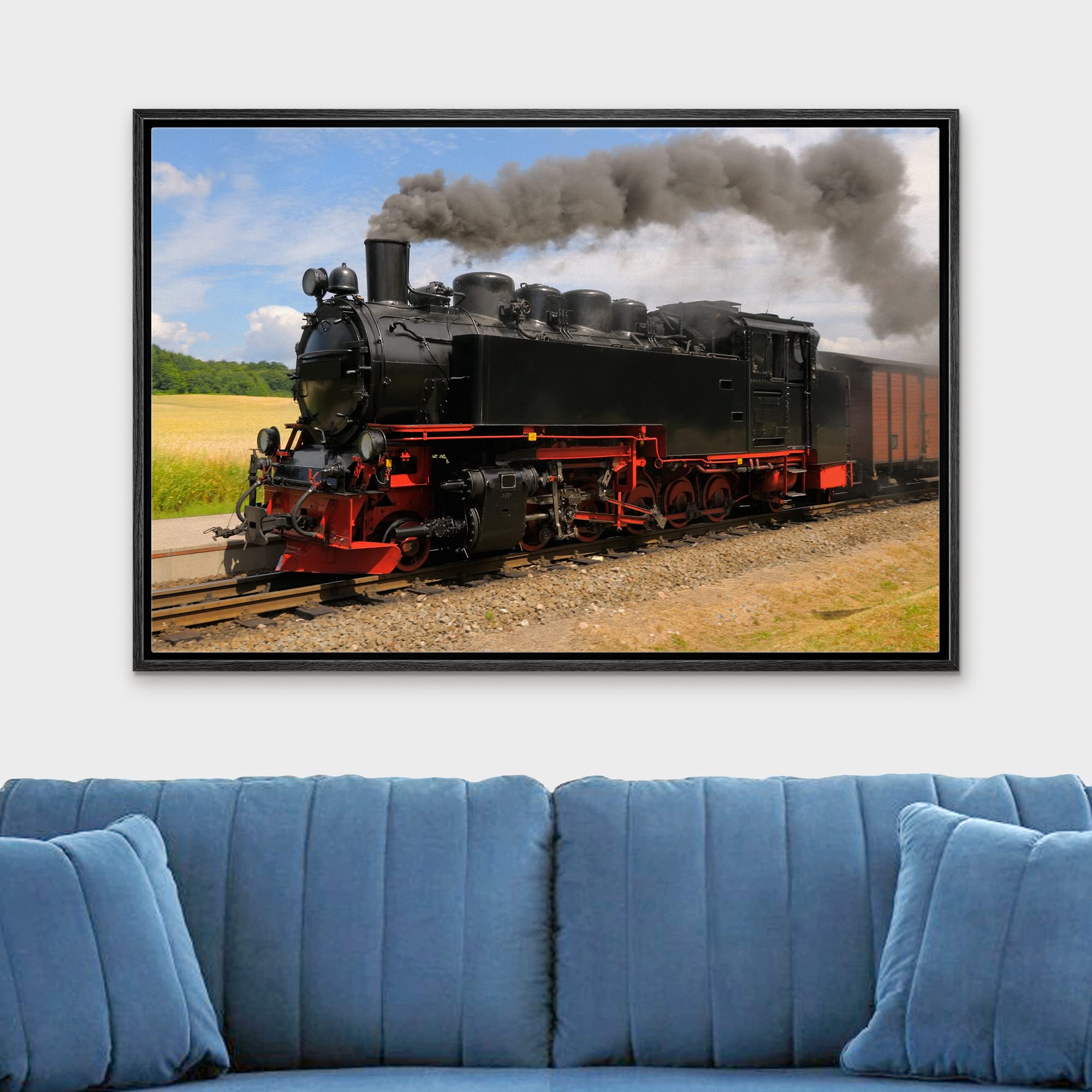 Steam Train with Black Smoke Running on Island Rugen Northern Germany - Framed Canvas Art Wall Art - 24''x36'' Black