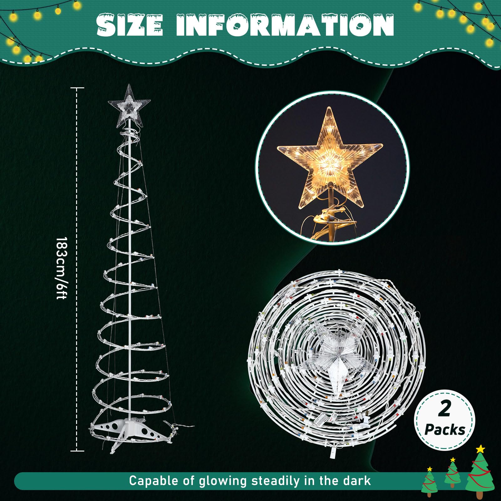 Macarrie 2 Pack 6 Ft Spiral Christmas Trees Outdoor Light Up Christmas Tree 125 LEDs Plug in Cone Tree Decoration with Star Topp