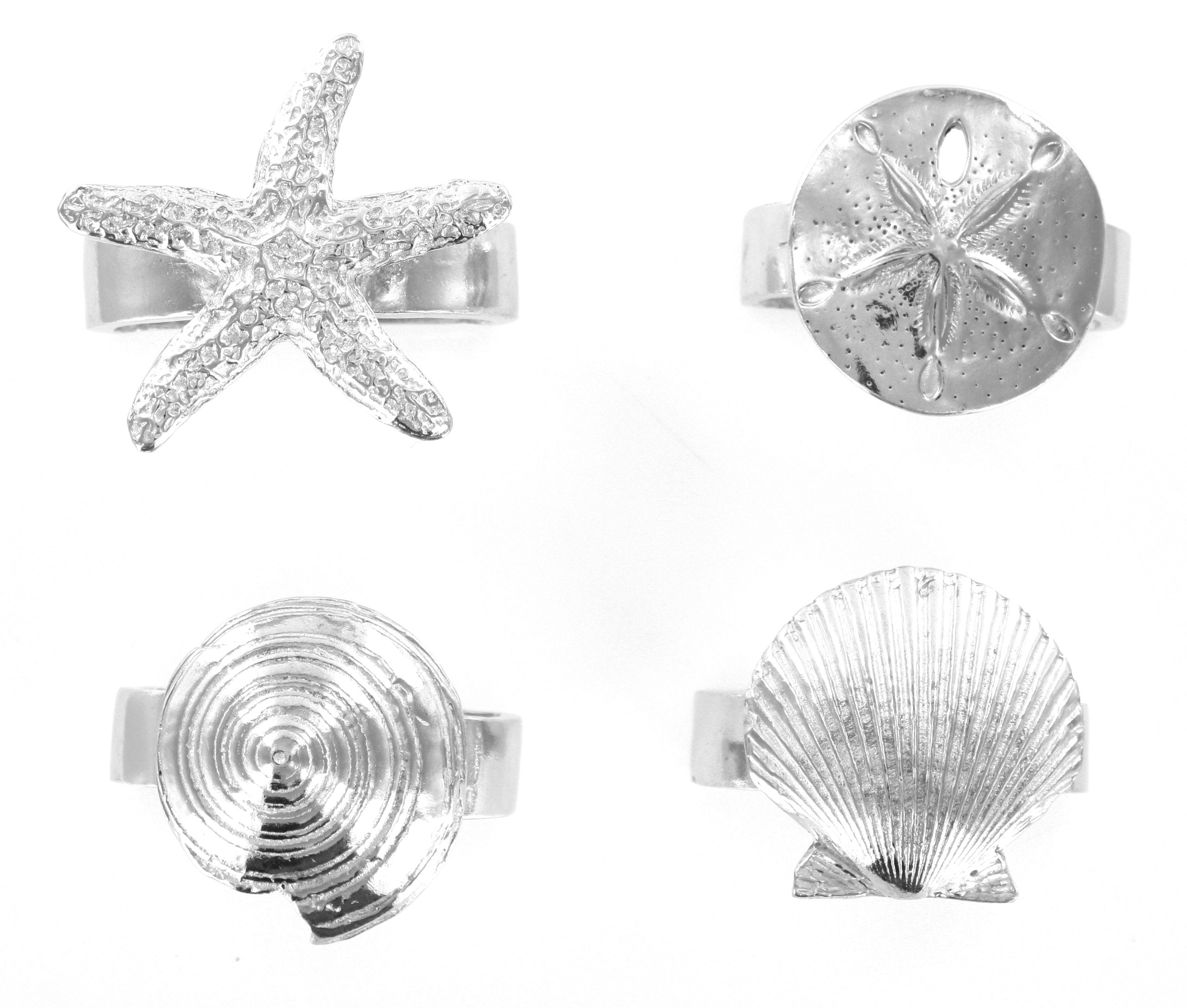 Pewter Seaside Seashell Starfish Napkin Rings Set Of 4