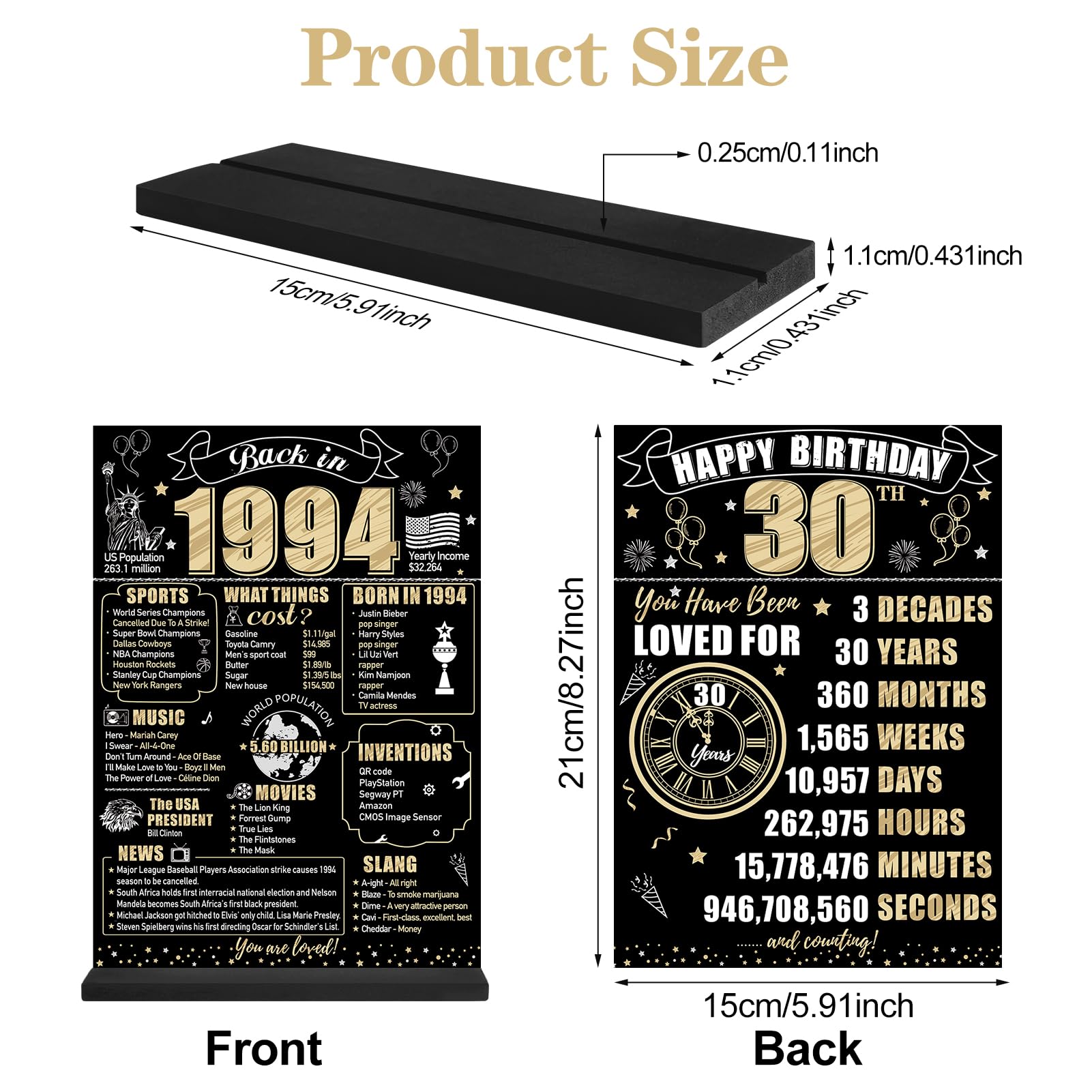 Eiurteao 30Th Birthday Decorations Back In 1994 Table Sign For Men Women, Black Gold Happy 30 Bday Two-Sided Wooden Table Poster