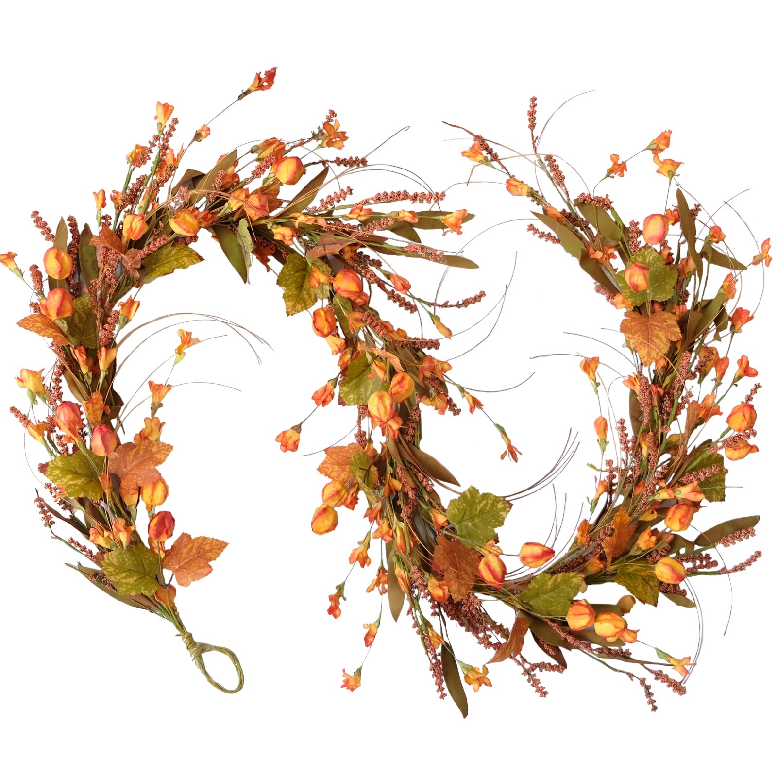 Fall Garland for Front Door, 82 Autumn Orange Maple Floral Wreath with Forsythia, Harvest Garland for Festival Thanksgiving Farm