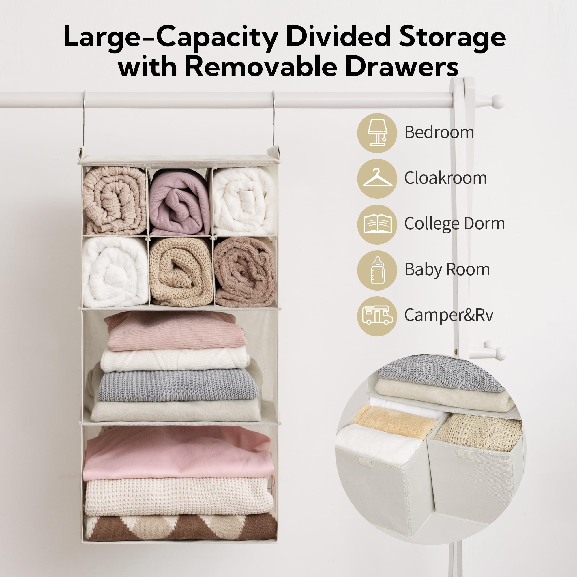 Granny Says Hanging Closet Organizer With Drawers, 4 Shelf Dividers Closet Hanging Organizer, Foldable Hanging Shelves For Cloth