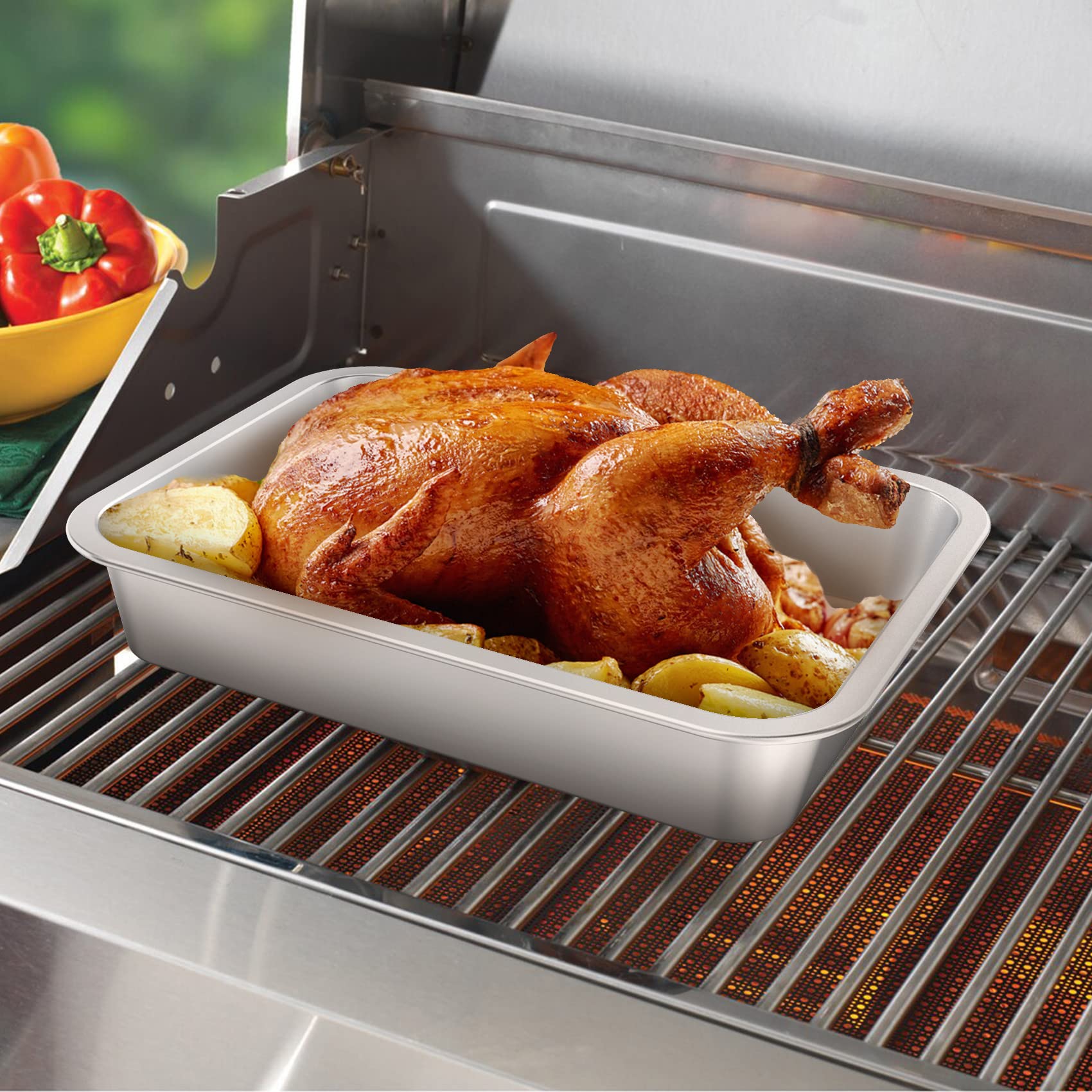 Only Fire Stainless Steel Baking Pan Roaster Ovens Cookie Sheet Barbeque Grilling Pan For Baking Breads, Grilling Chicken, Veget