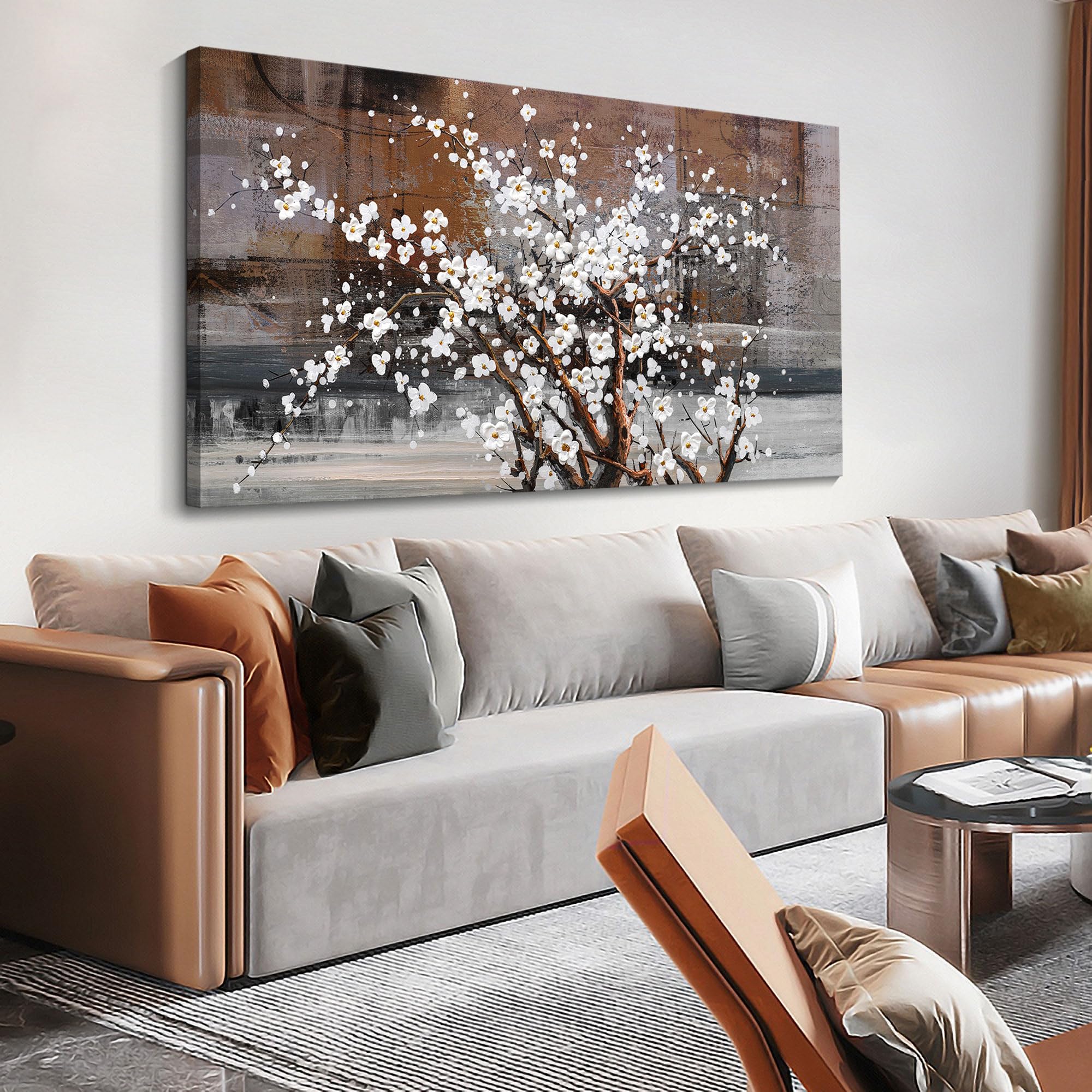 Wall Art For Living Room Large Modern Wall Decor Canvas Paintings For Wall Decorations White Flower Graffiti On Brown Background