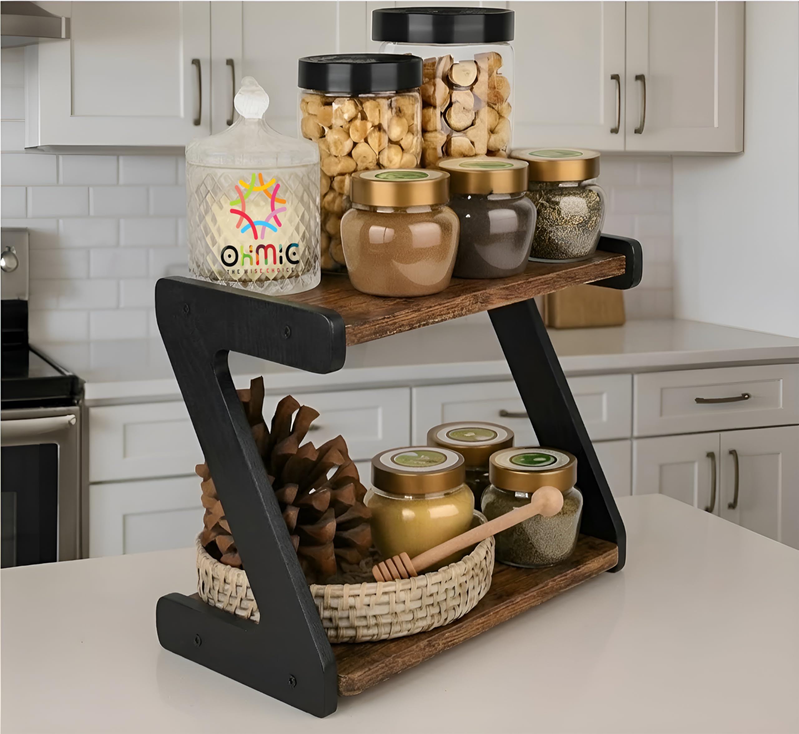 Yookeer 2Tier Spice Rack, Kitchen Organizer Rack, Rustic Brown And Black, ZShape Countertop Organiser, 33X16X25 Cm (Rustic Bro
