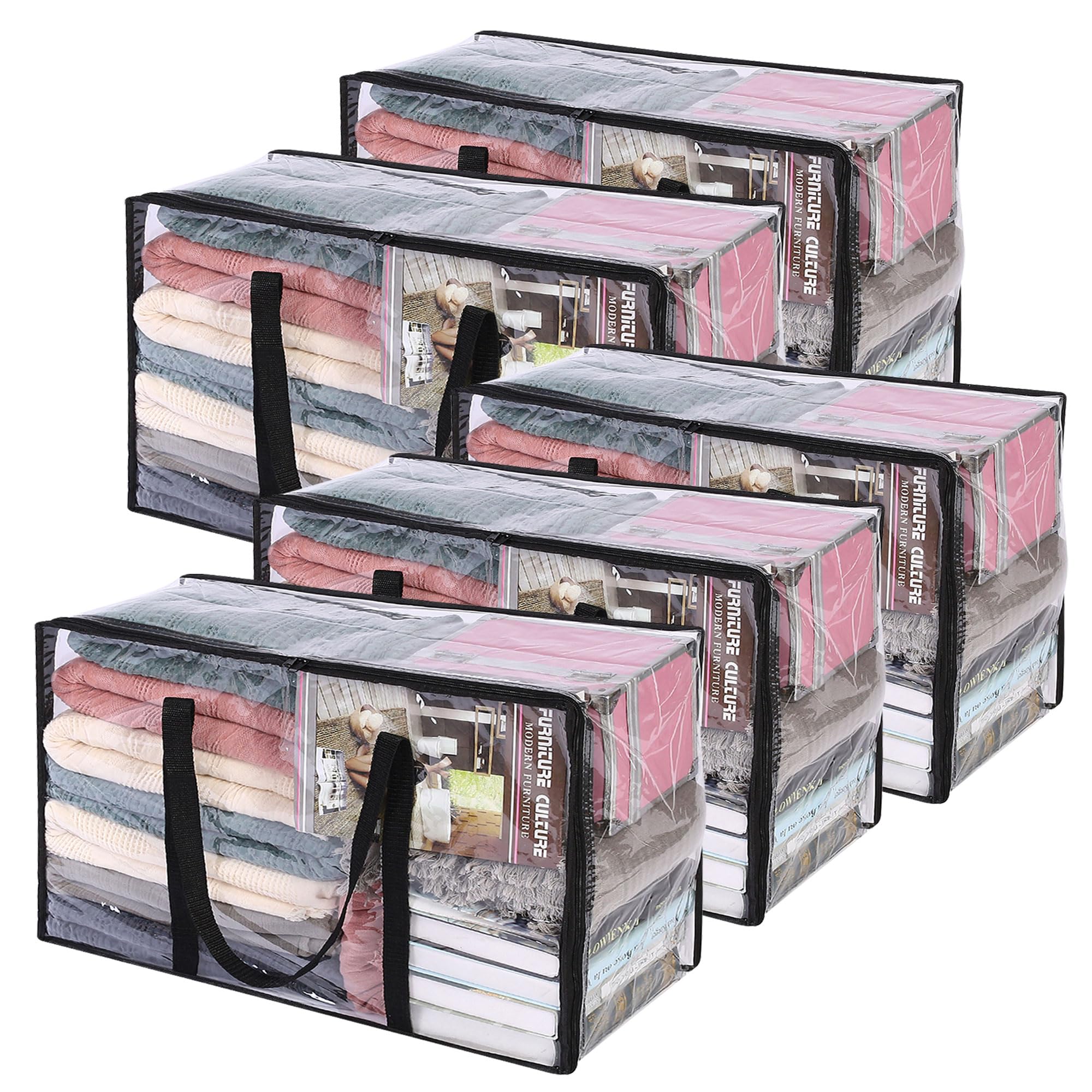 Vieshful 5 Pack Clear Clothes Storage Bag, 60L Zippered Closet Organizer, Plastic Storage Containers Moving bags for Comforter,