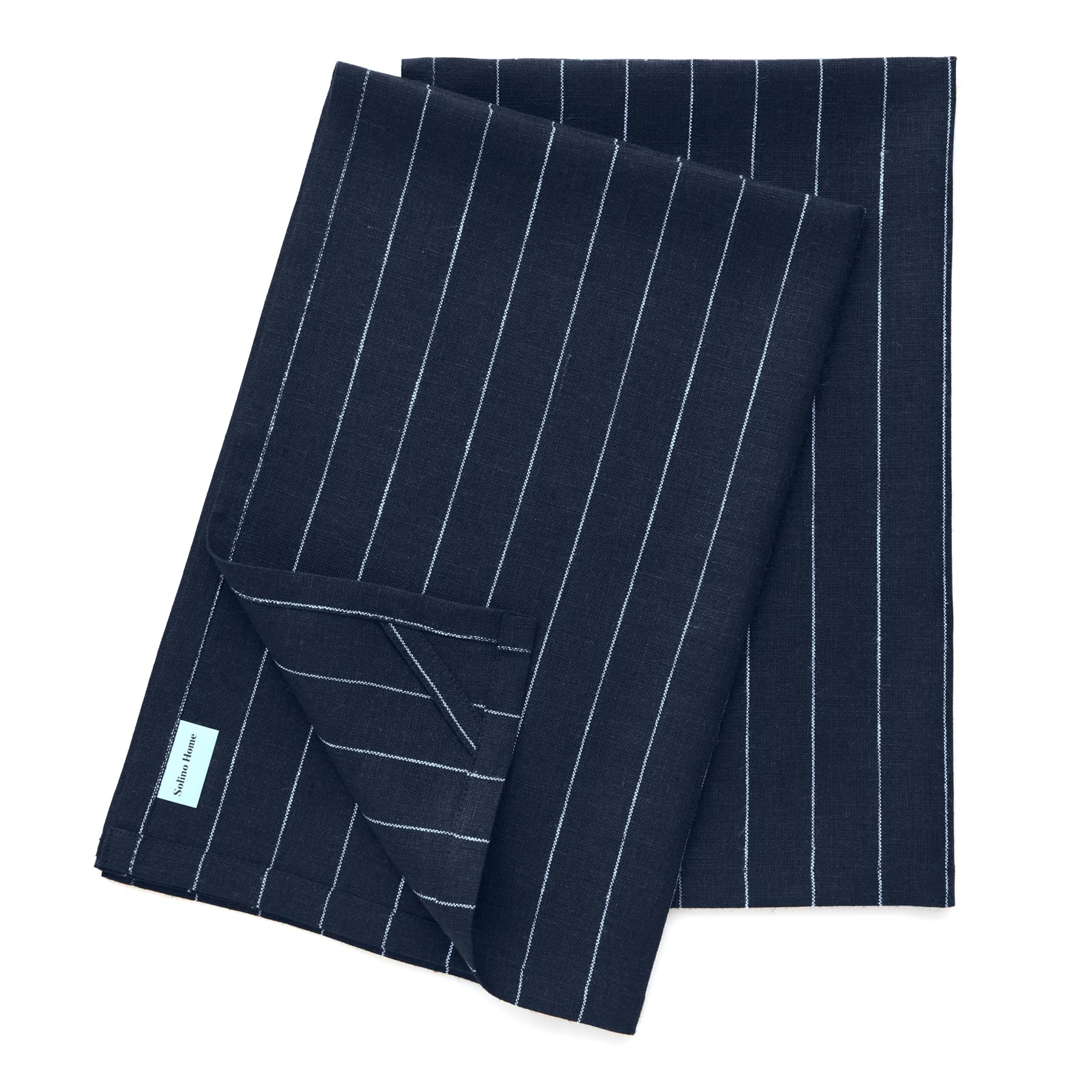 Solino Home Linen Kitchen Towels Set Of 2 - Navy And White 17 X 26 Inch - 100% Pure Linen Pinstripe Kitchen/Tea Towels - Machine