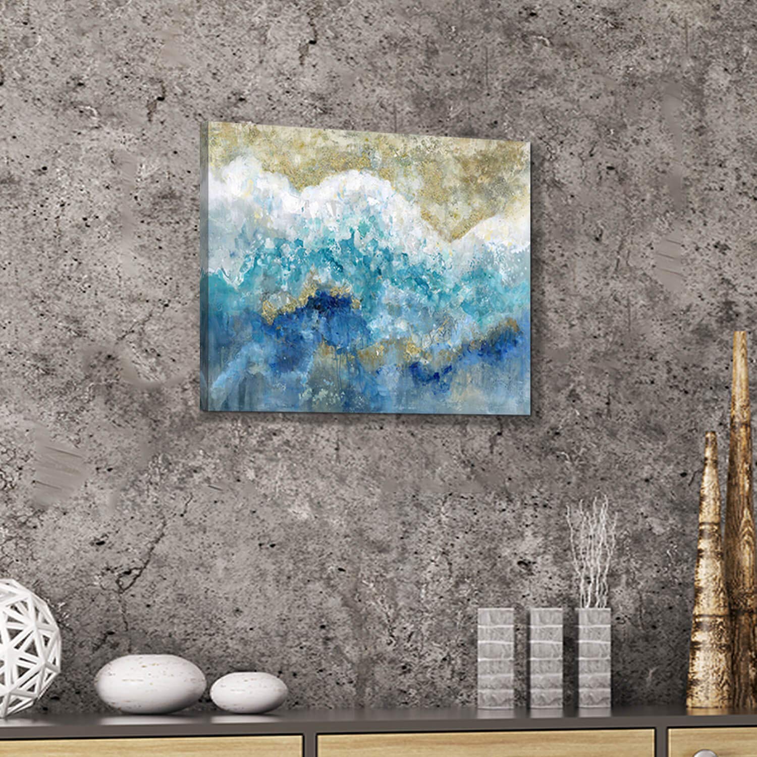 Abstract Picture Canvas Wall Art: Blue & Gold Artwork Painting Print On Canvas Small Size For Walls (16'' X 12'' X 1 Panel)