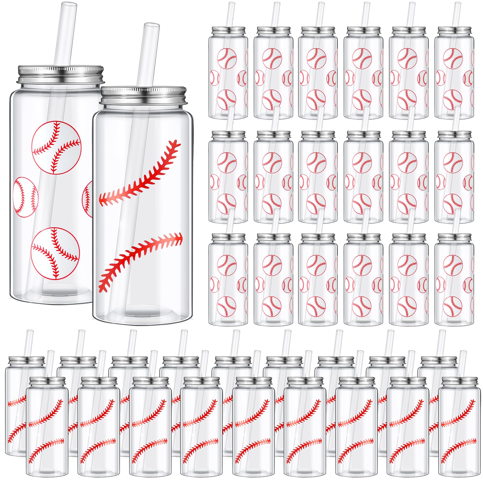 Maxdot 36 Pack 14.2 OZ Baseballs Cups Baseball Plastic Cups with Lid and Straw Bulk Baseball Cup with Lid Clear Reusable Plastic