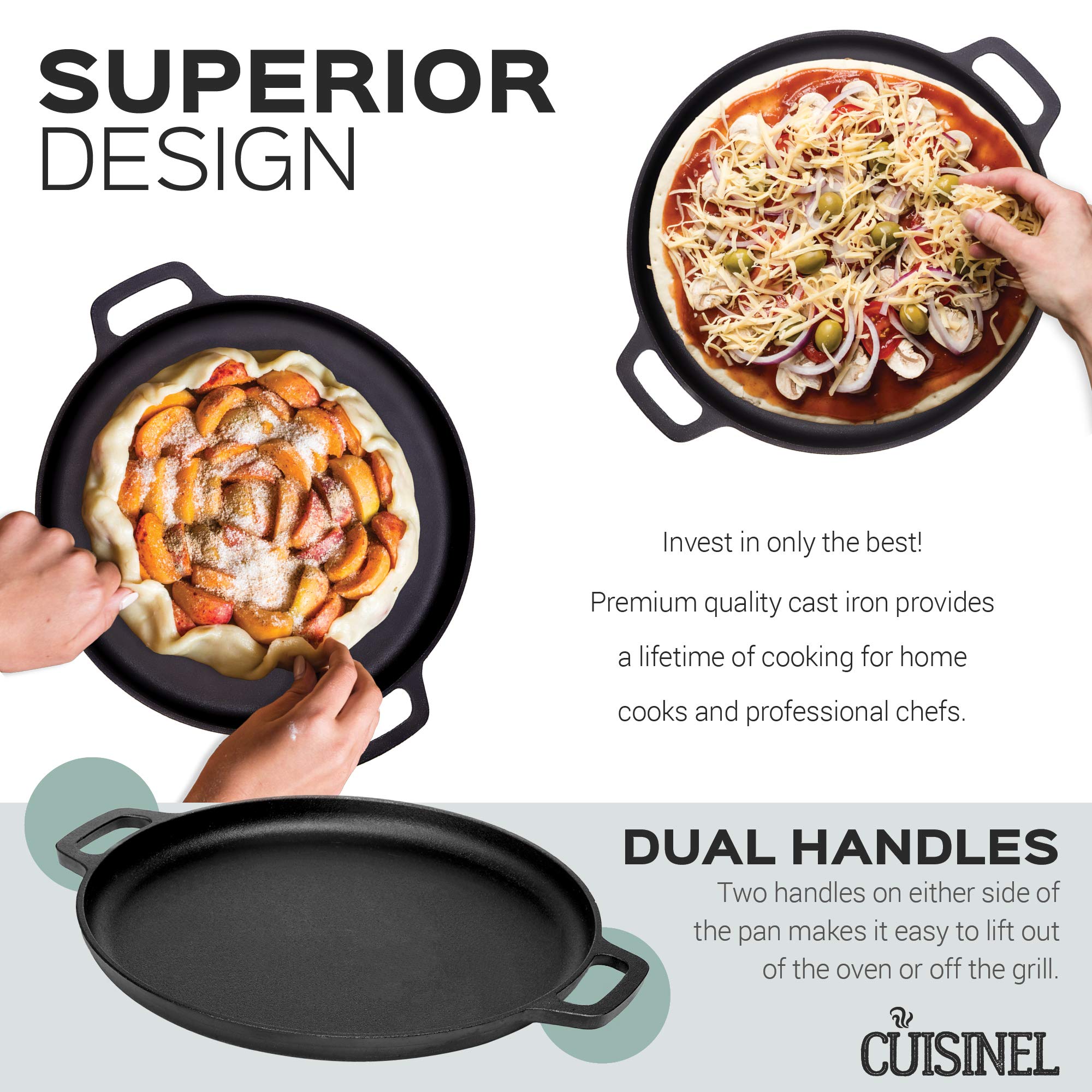 Cuisinel Pre-Seasoned Cast Iron Pizza And Baking Pan (13.5 Inch) Natural Finish, Enhanced Heat Retention And Dispersion - Stove,