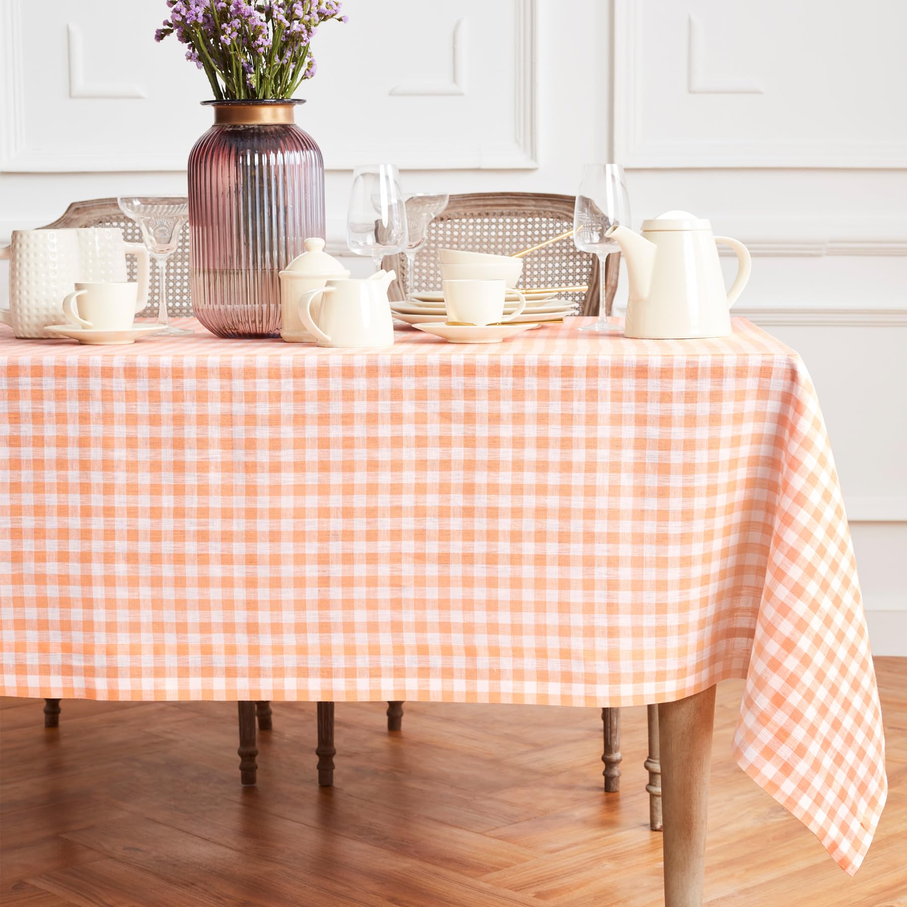 Solino Home Check Linen Tablecloth 120'' L X 60'' W Inch - 100% Pure Linen Sunny Orange Table Cloth For Rectangle Tables - Gingh