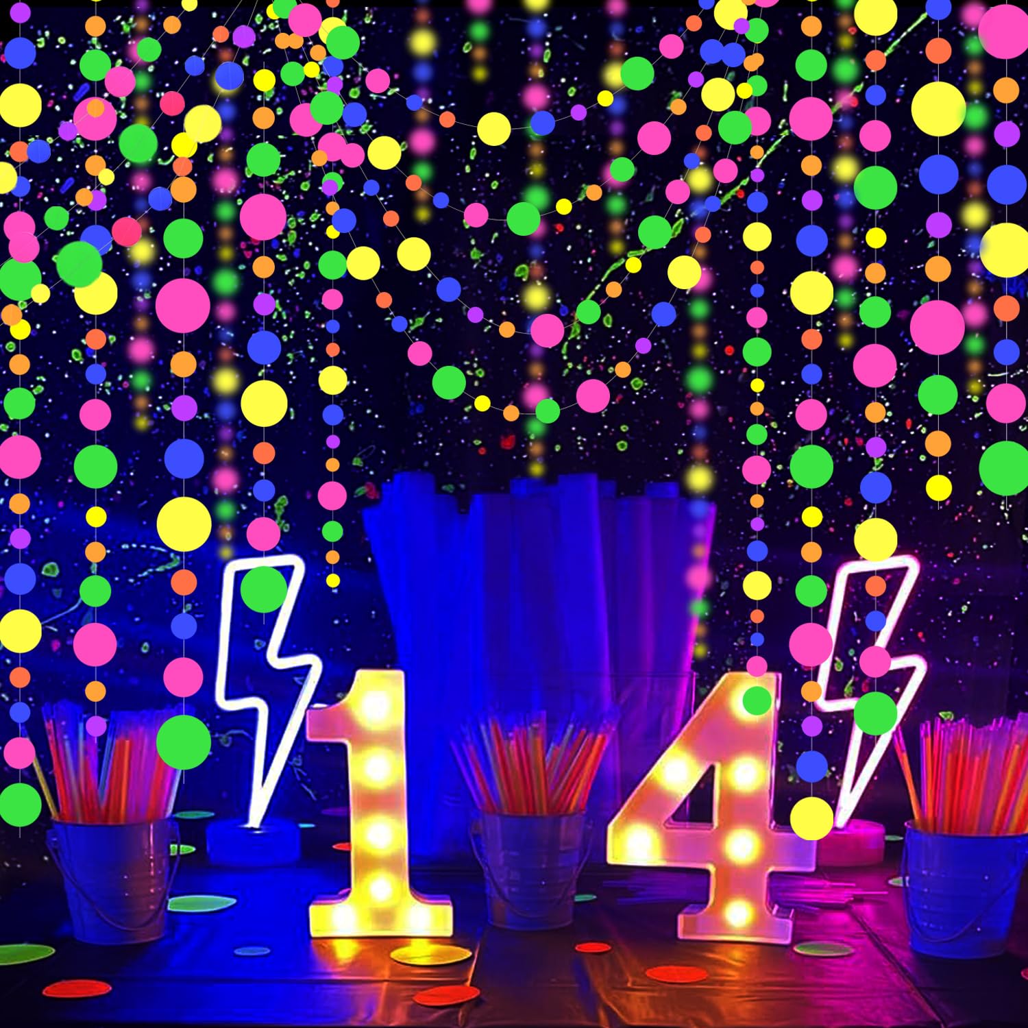 120Feet Uv Round Dot Paper Neon Garland Neon Streamers Neon Decorations Glow Party Uv Reactive Black Light Neon Party Favors Glo