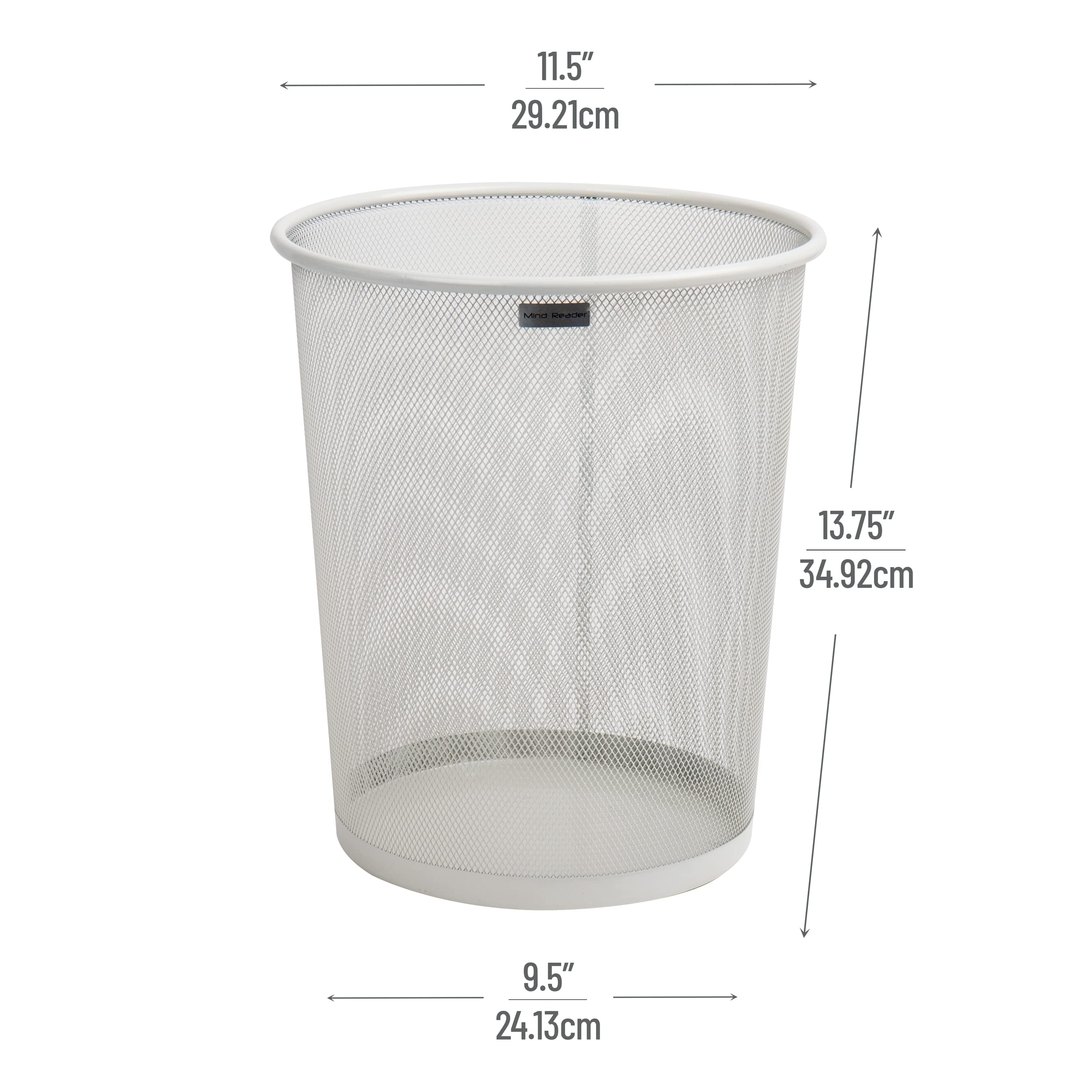 Mind Reader Mesh Trash Can, 16.65L (4.4 Gal), Waste Paper Basket, Round, Office, Metal Mesh, 11.5'' L X 11.5'' W X 13.75'' H, Wh