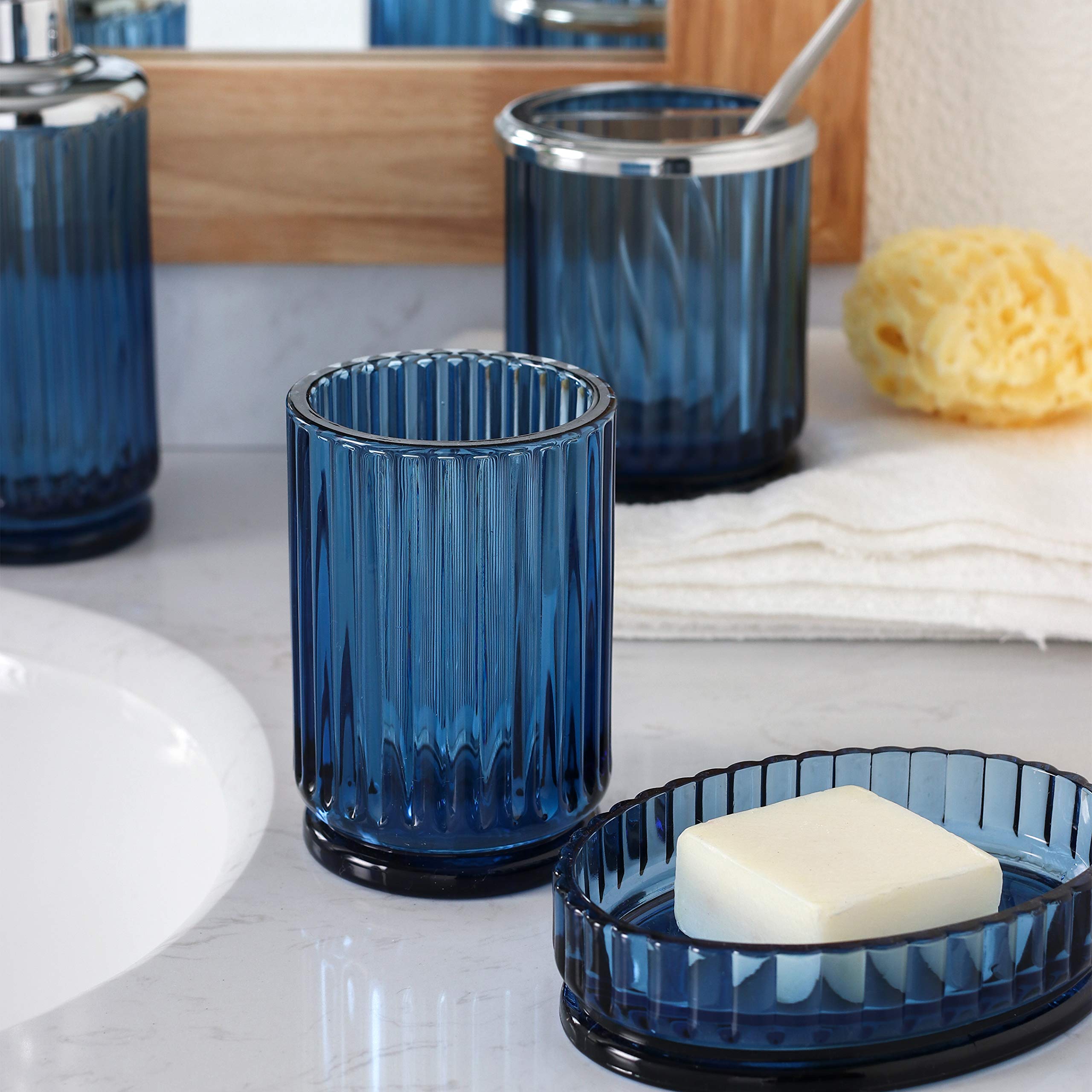 4Pcs Heavy Weight Decent Blue Glass Bathroom Accessories Set With Decorative Pressed Pattern - Includes Hand Soap Dispenser & Tu
