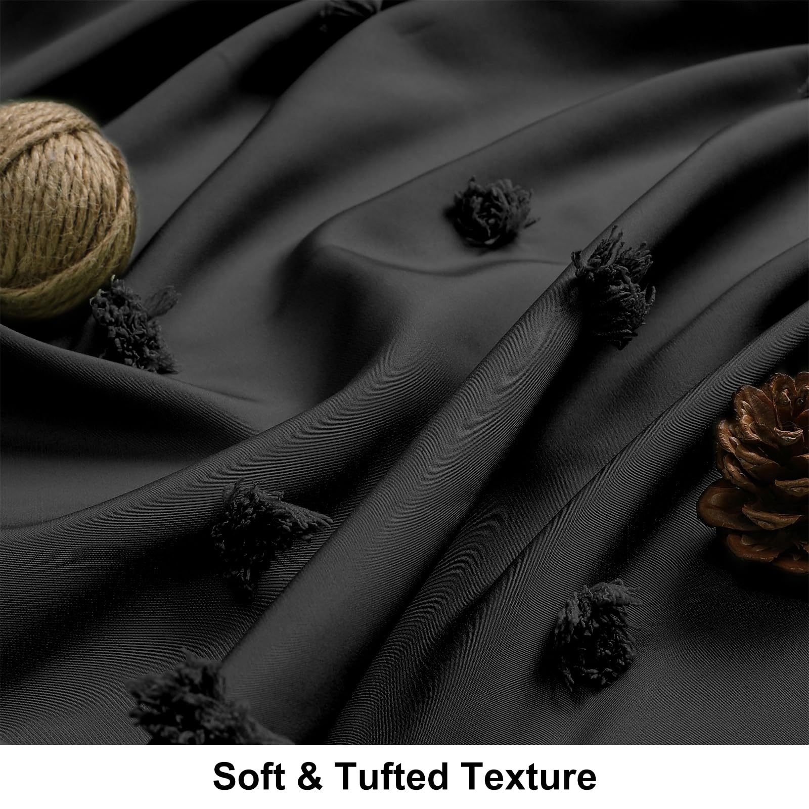 Lilycat Boho Farmhouse Black Fabric Shower Curtain, 72X72 Tufted Pleat Floral Puffs Textured Tassel Cute Shower Curtain For Rust