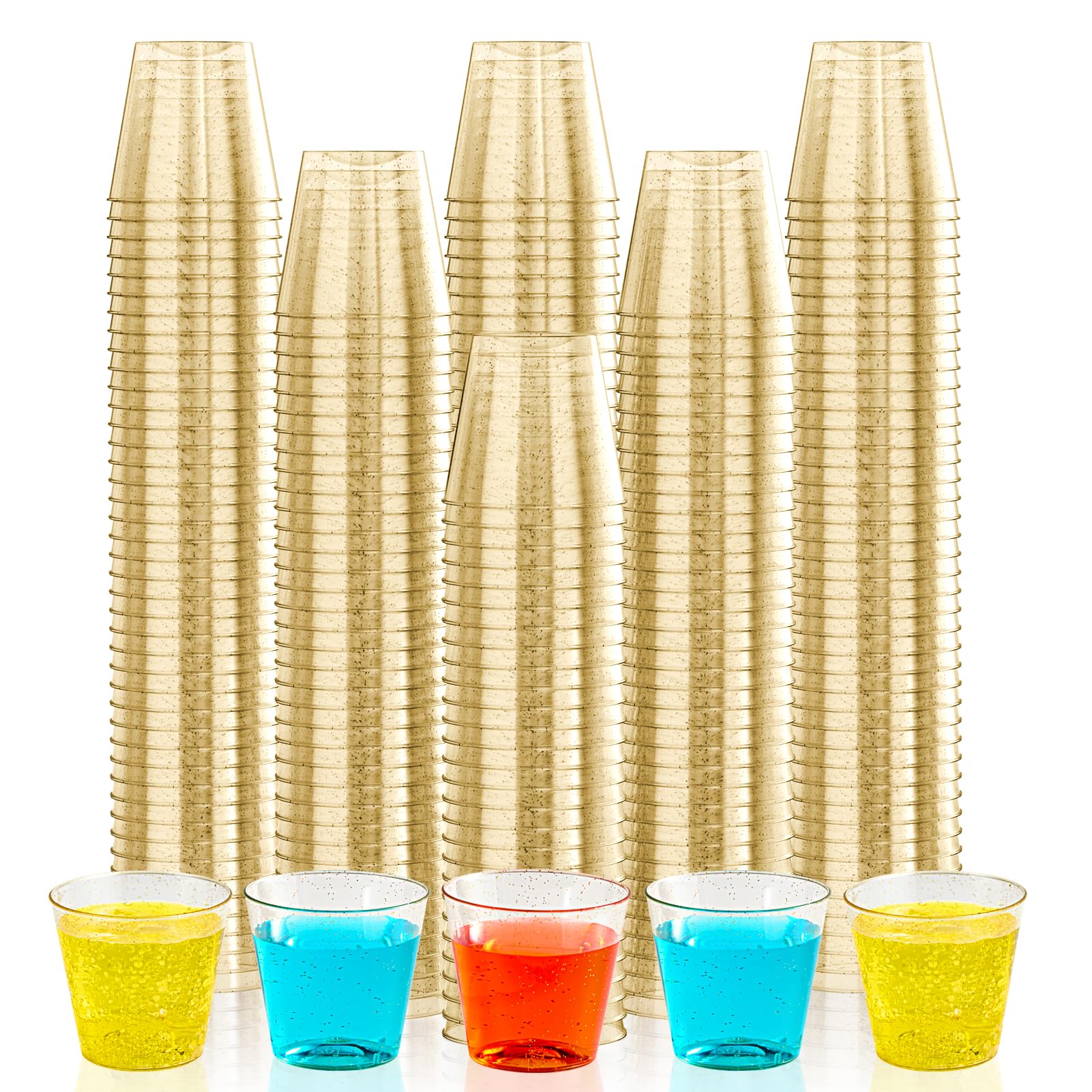 Jolly Chef 500 Pack 1 Oz Shot Glasses, 1 Oz Gold Glitter Party Cups Tumblers, Elegant Plastic Cups, Disposable Cups With Glitter