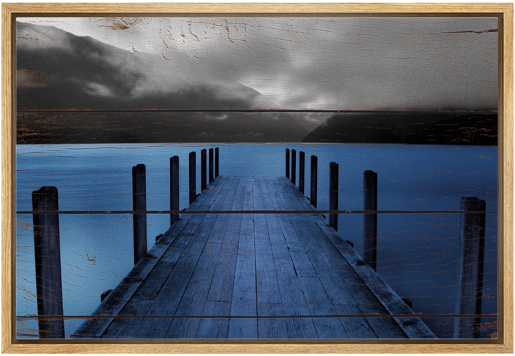 Wall26 Framed Canvas Print Wall Art Evening On Black & Blue Grayscale Beach Pier Nature Wilderness Digital Art Realism Chic Colo