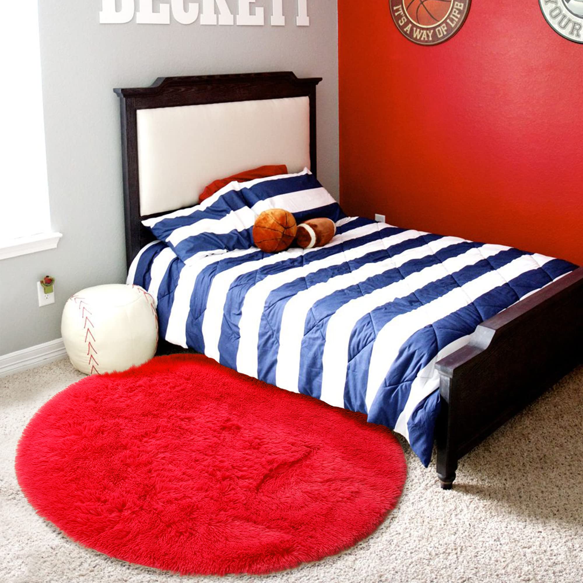 Red Circle Round Rug 7Ft for Living Room Bedroom, Large Fluffy Shag Area Rugs for Kids Room Decor Aesthetic, Fuzzy Plush Fur Car