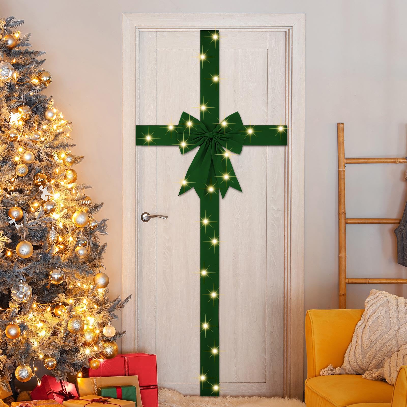 Spiareal Large Christmas Front Door Ribbon Bow with LED 14.1ft Velvet Christmas Cabinet Glowing Bows Decorations Xmas Tree Decor