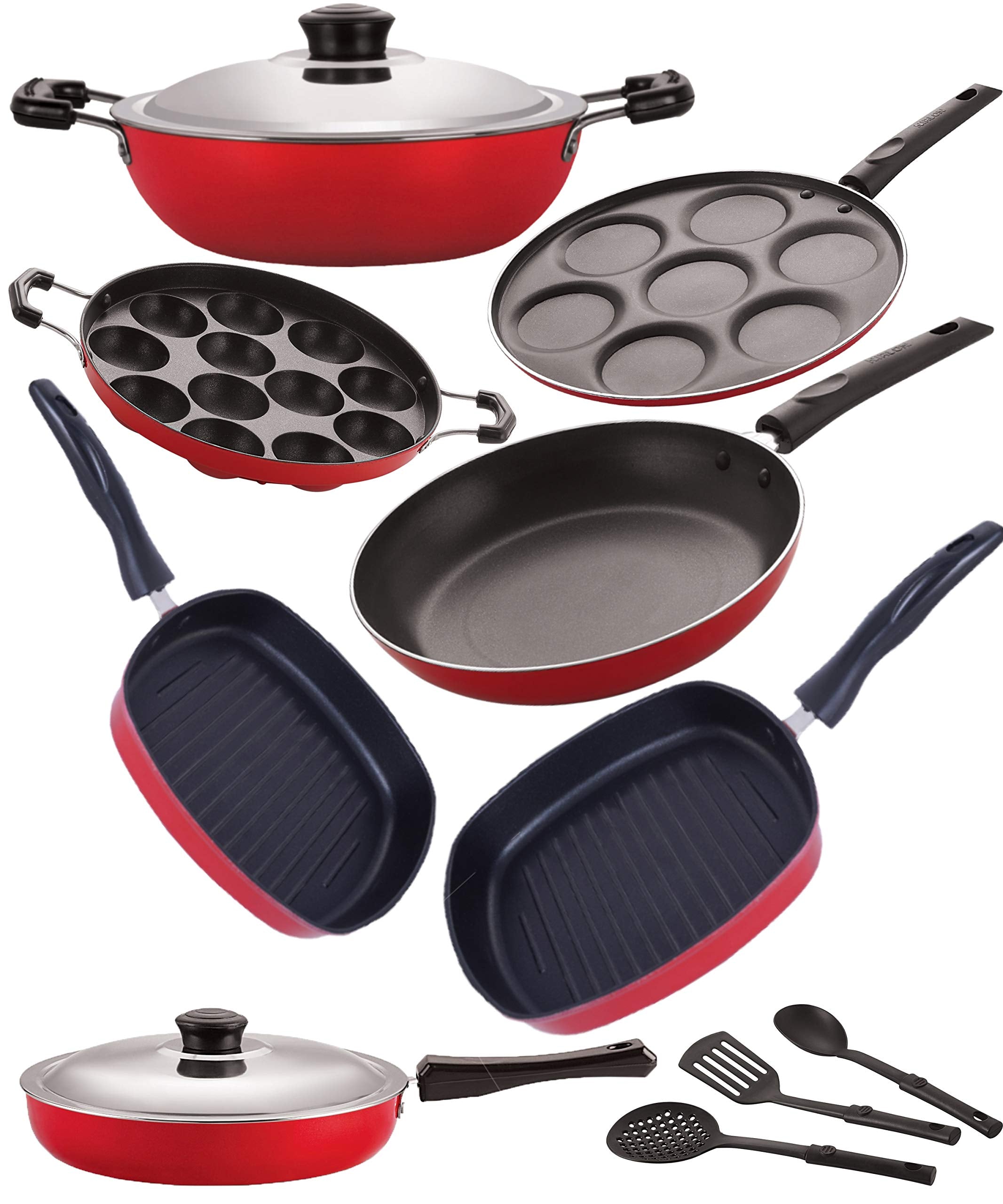 Nirlon Aluminium Non Stick Non Induction Cookware Set Of10 Pieces (2.6Mm_Dkd(J)_Ap12_Up7_Tp_Gp24_Gp22.5_Ft12_3Spoon)
