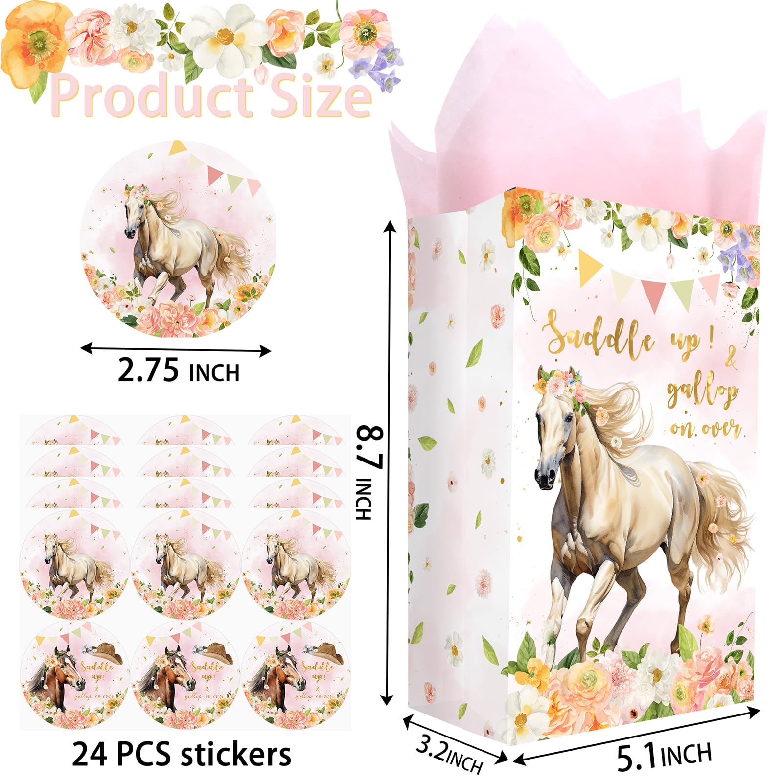 Outego 24 Girl Horse Party Favor Bags With Stickers - Girl Horse Goodie Bags For Kids - Perfect For Horse Themed Birthday Party
