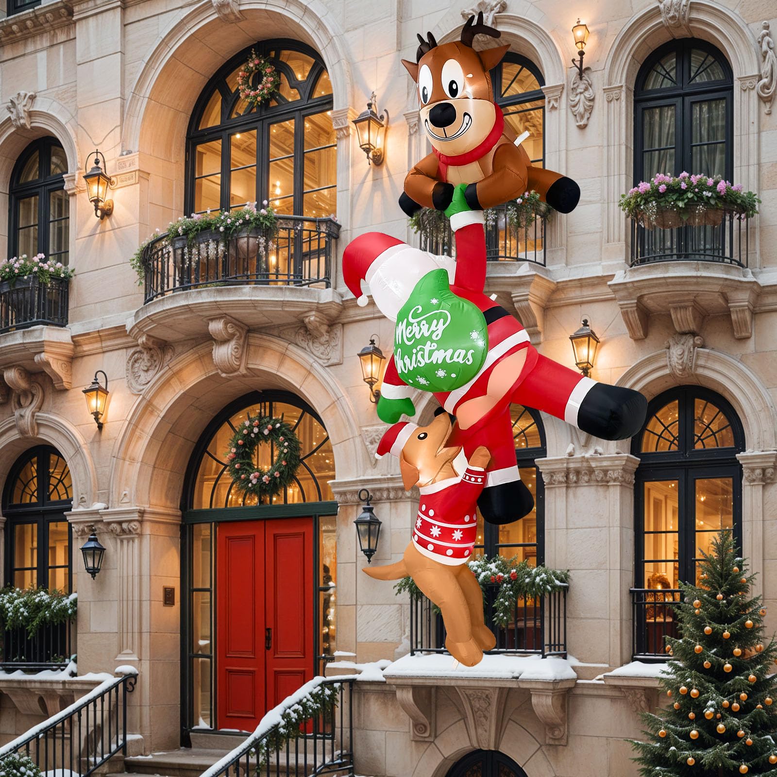 Fayavoo 8 FT Hanging Christmas Inflatable Outdoor Decoration, Inflatable Reindeer Pulling Santa and Dog, Funny Christmas Blow Up