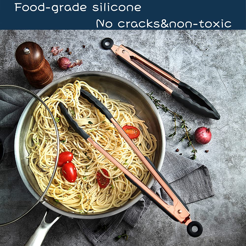 Kaishane Kitchen Food Tongs-Rose Gold Tongs Copper Stainless Steel Silicone Tipped Kitchen Food Bbq And Cooking Tongs Set 9    A