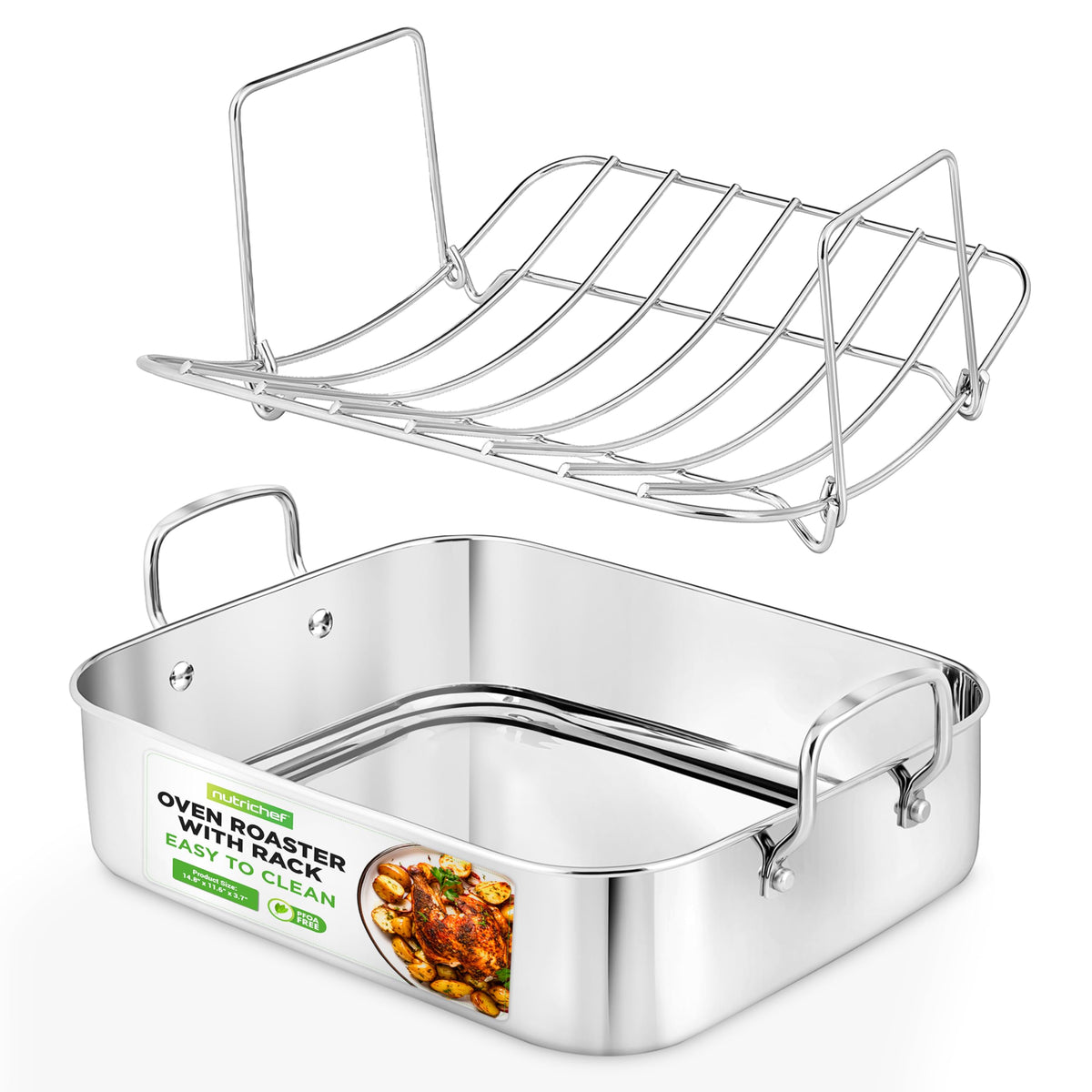 Nutrichef 14-Inch Stainless Steel Oven Roasting Pan With Polished Wire Rack - Kitchen Roaster Tray W/ Built-In Handles - Heavy D