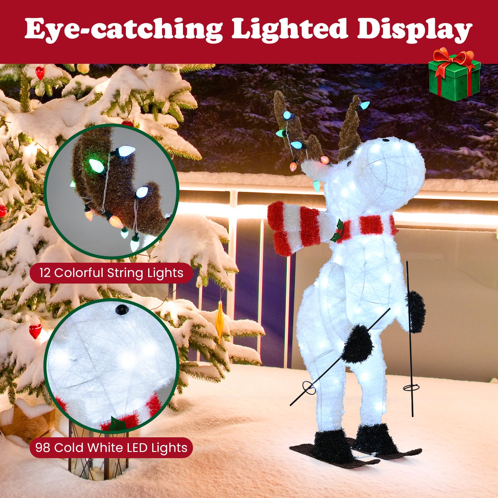 Tangkula Lighted Christmas Reindeer Decoration, Animated Skiing Reindeer with LED Lights and Scarf, Outdoor Yard Holiday Decor w
