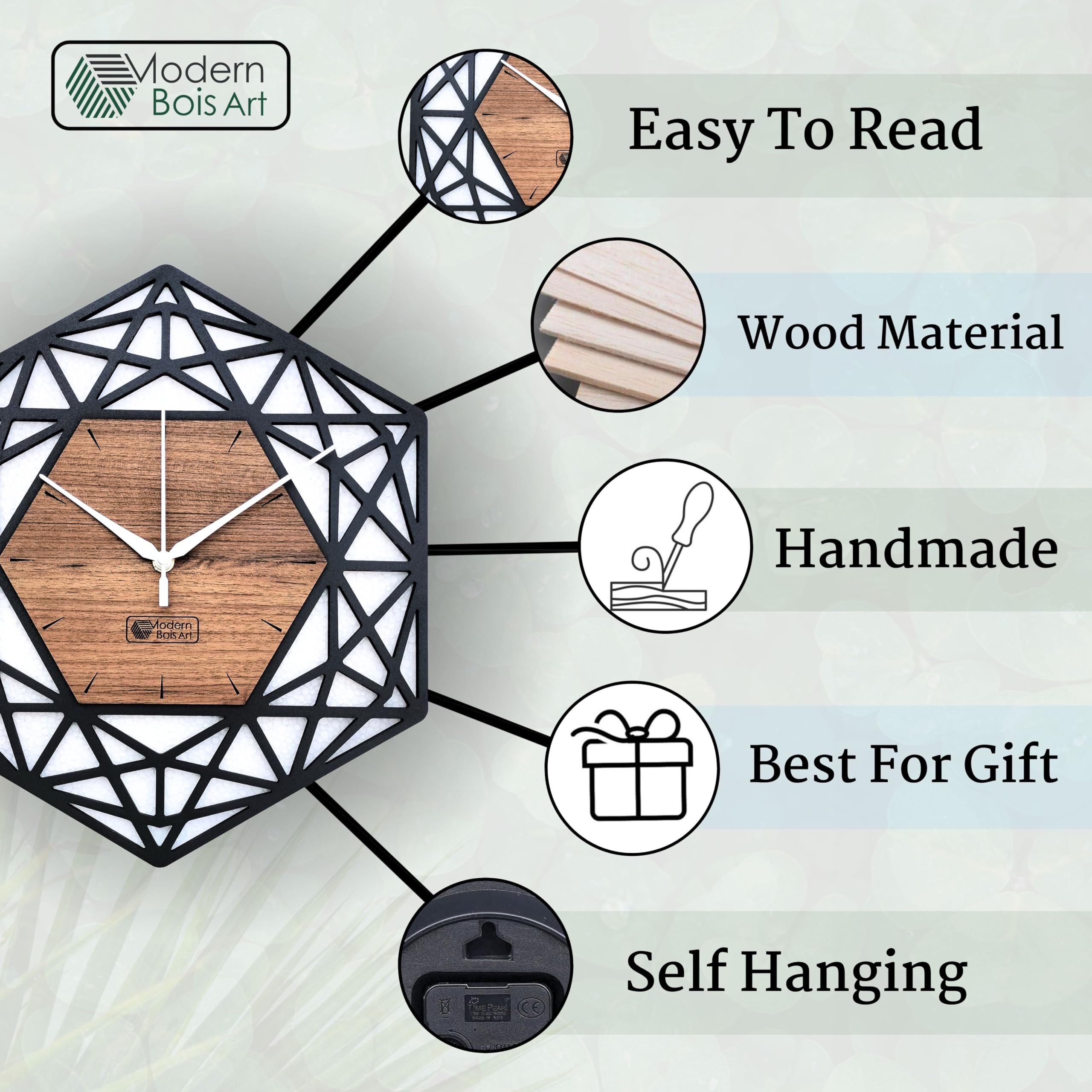 Modern Bois Art Antique Geometric Design Handmade Wood Wall Clock, Big Size Modern Analog Wall Clock For Home Decor (Black, And