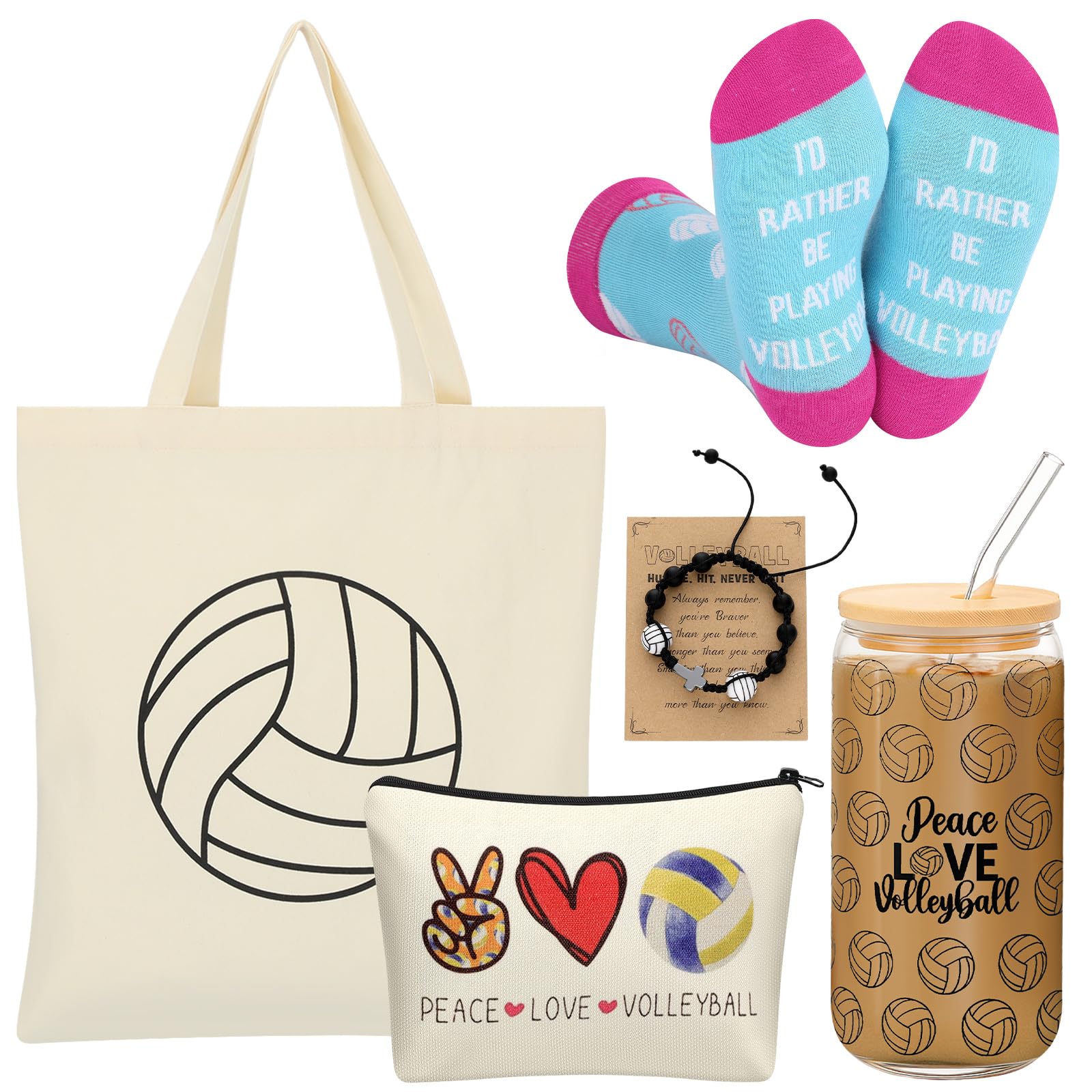 Chunful 6 Pcs Volleyball Gifts Set for Teen Girls & Women Team Essentials Accessories Include 16 oz Glass Jar Tumbler Canvas Tot