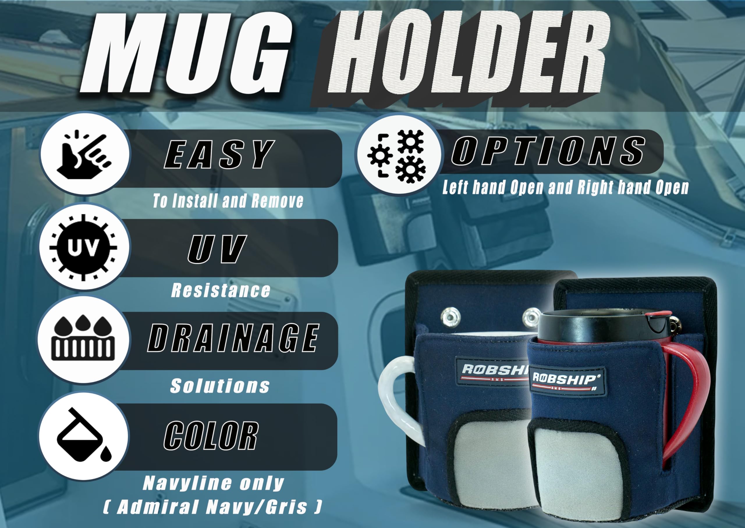 Robship Holder Mug The Ideal Companion for Sailboats and Motorboats Alike, Navyline - RH Open