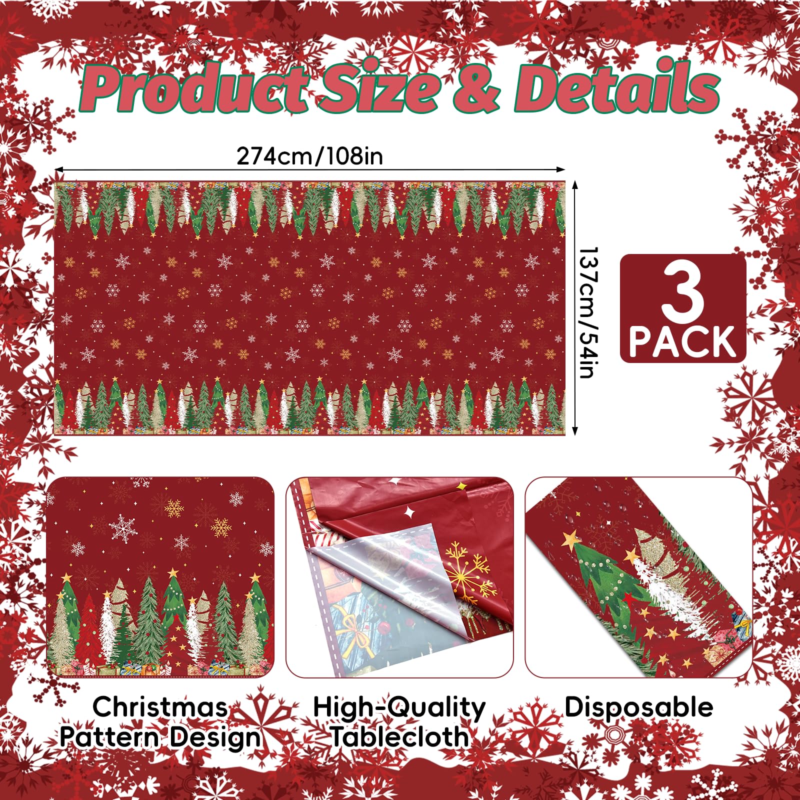 3-Piece 54 x 108 Inch Christmas Tree Plastic Tablecloth - Holiday Disposable Red and Green Table Cover for Christmas Dinners, Wi