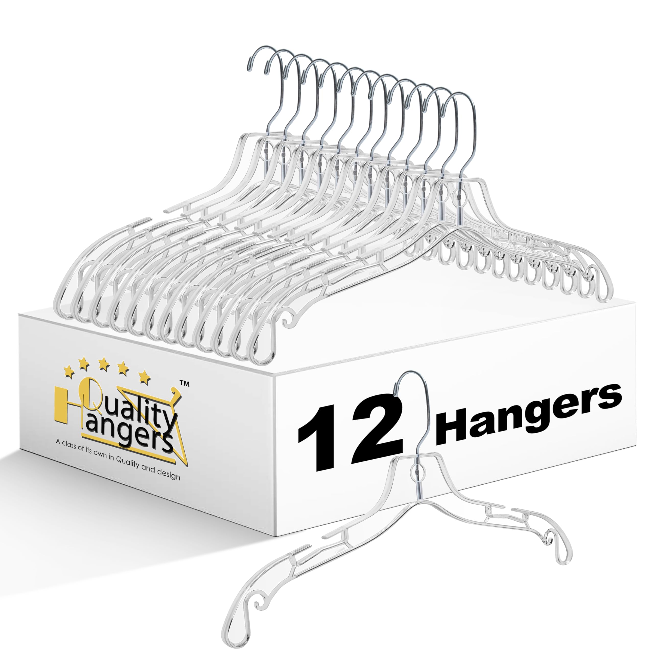 Quality Hangers Clear Hangers 12 Pack - Crystal Hangers for Clothes - Durable Plastic Hanger Set - Invisible Dress Hangers for S