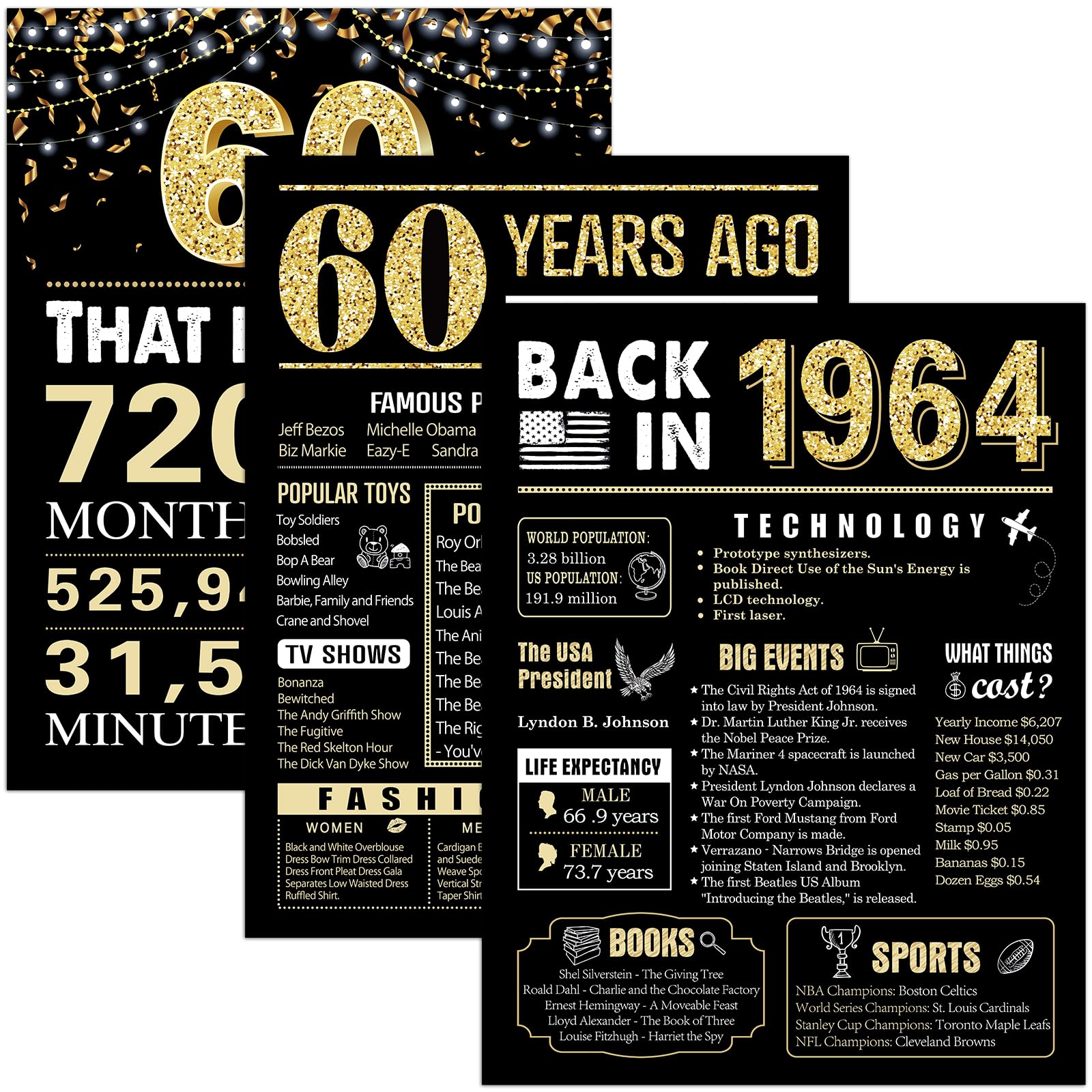 60Th Birthday Decorations Back In 1964 Posters 3 Pieces 11 X 14 1964 Birthday Gifts For Men 60 Years Ago Party Decorations Suppl